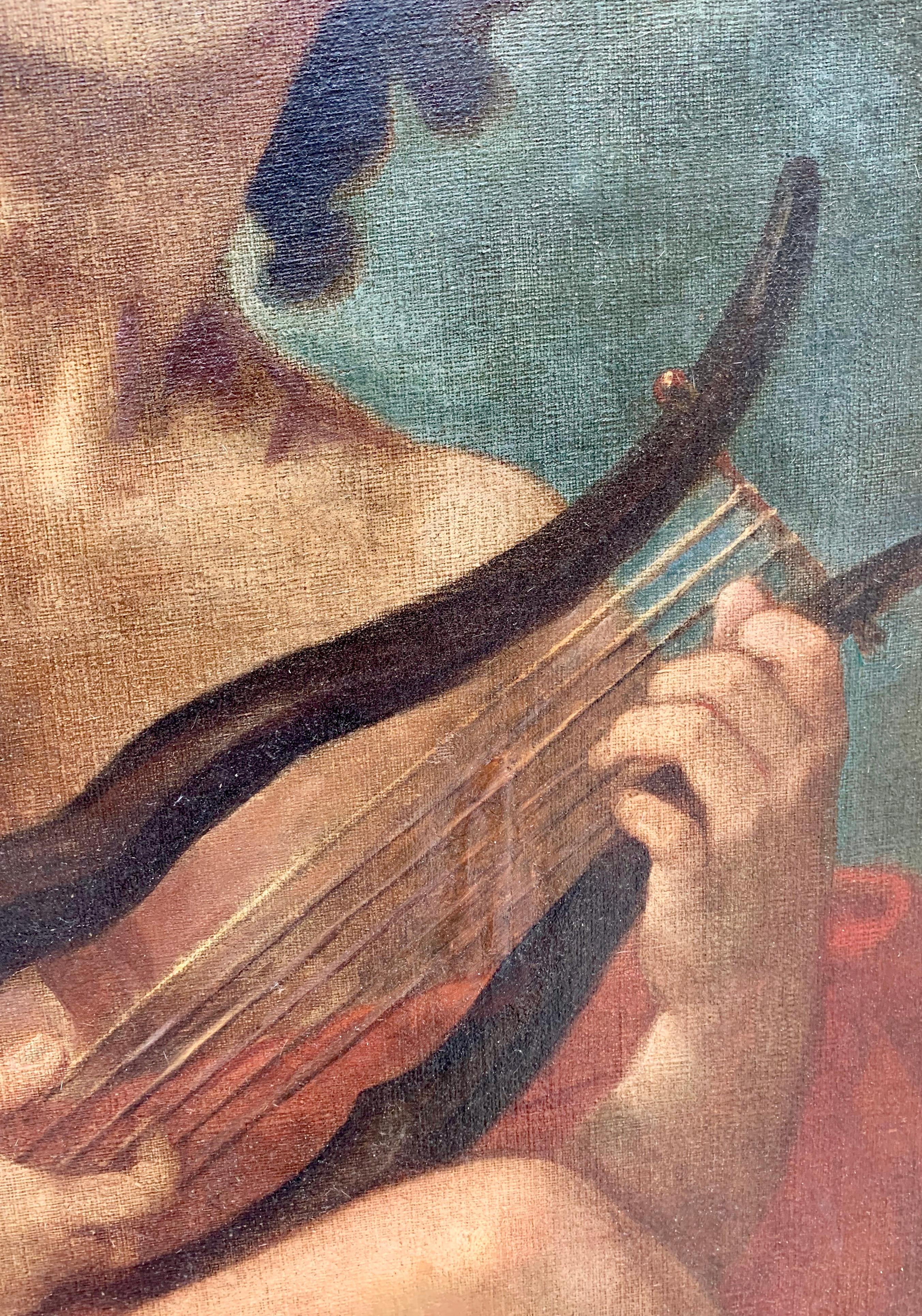 This is a portrait painting of the Greek god Apollo, wearing a red cloak and playing the lyre. This is painted by French artist Charles Joseph Natoire from the 18th century. It has a wax sealed red stamp on the back.

Oil on canvas.

Overall