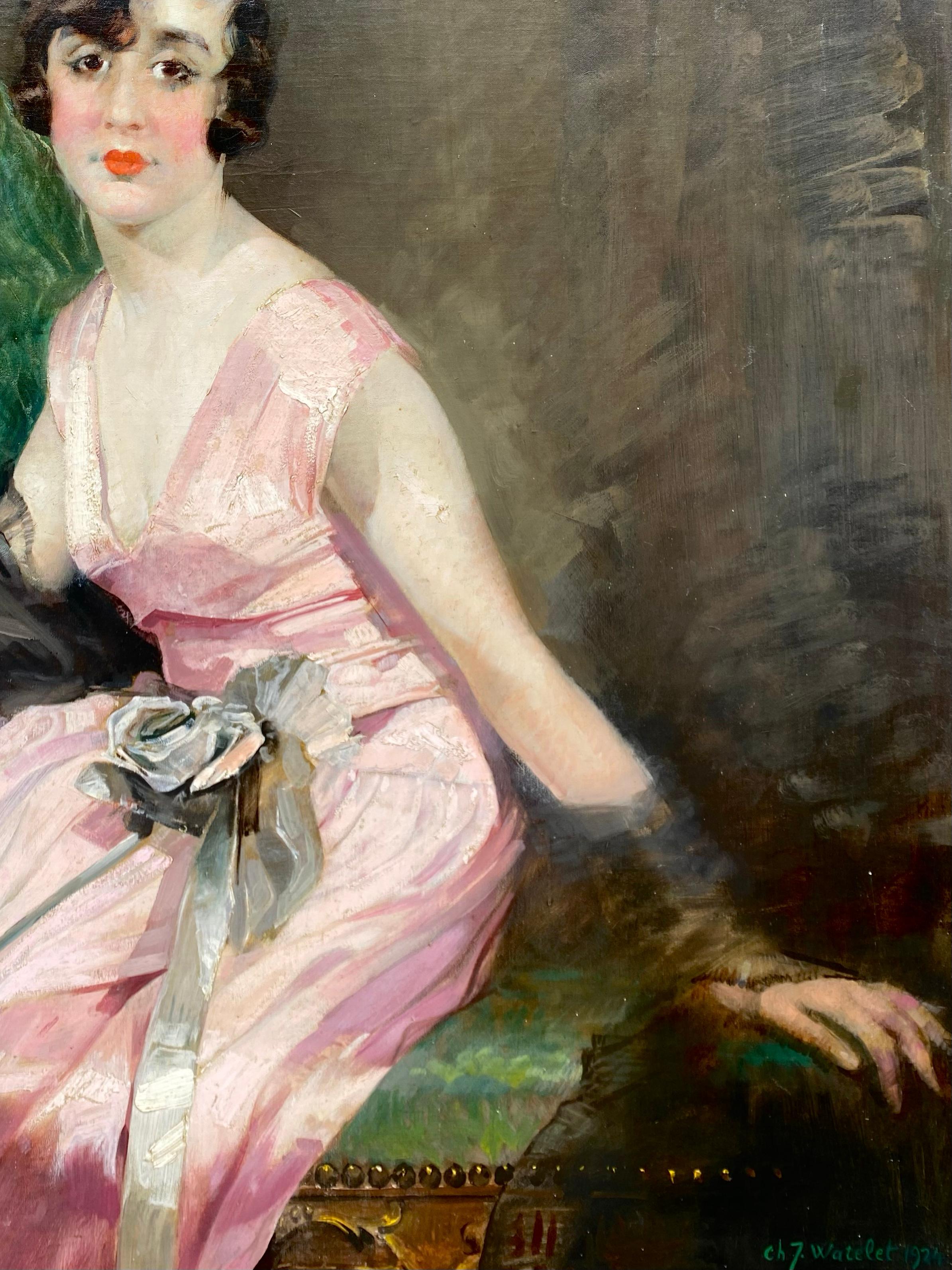 'Lady in Rose' by Charles Joseph Watelet ( 1867 – 1954 ) signed and dated 1924 For Sale 2