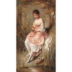 Charles Joshua Chaplin 'Francese, 1825-1891' 'Ragazza con nido d'uccello' Olio su tela