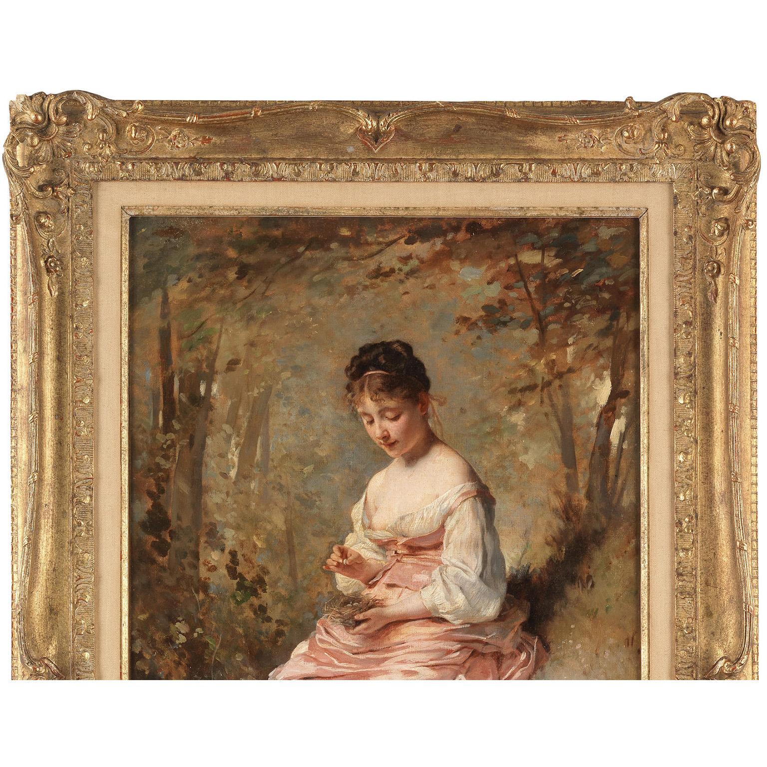 Carved Charles Joshua Chaplin 'French, 1825-1891' 'Girl with Bird's Nest' Oil on Canvas For Sale