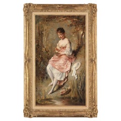 Antique Charles Joshua Chaplin 'French, 1825-1891' 'Girl with Bird's Nest' Oil on Canvas