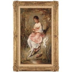 Une belle huile sur toile française du 19ème siècle « Une jeune fille tenant un nid d'oiseau »