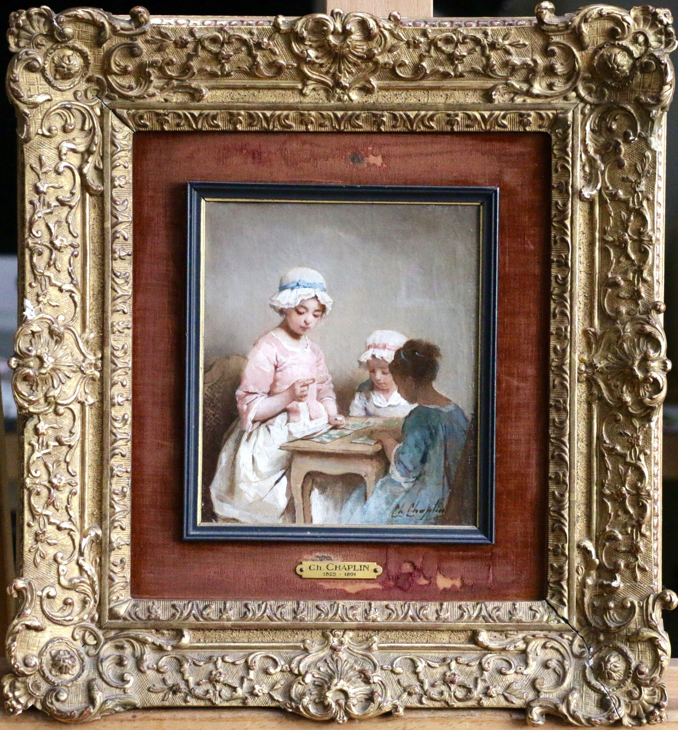 A Game of Chance - 19th Century Oil, Young Girls Figures in Interior by Chaplin - Painting by Charles Joshua Chaplin