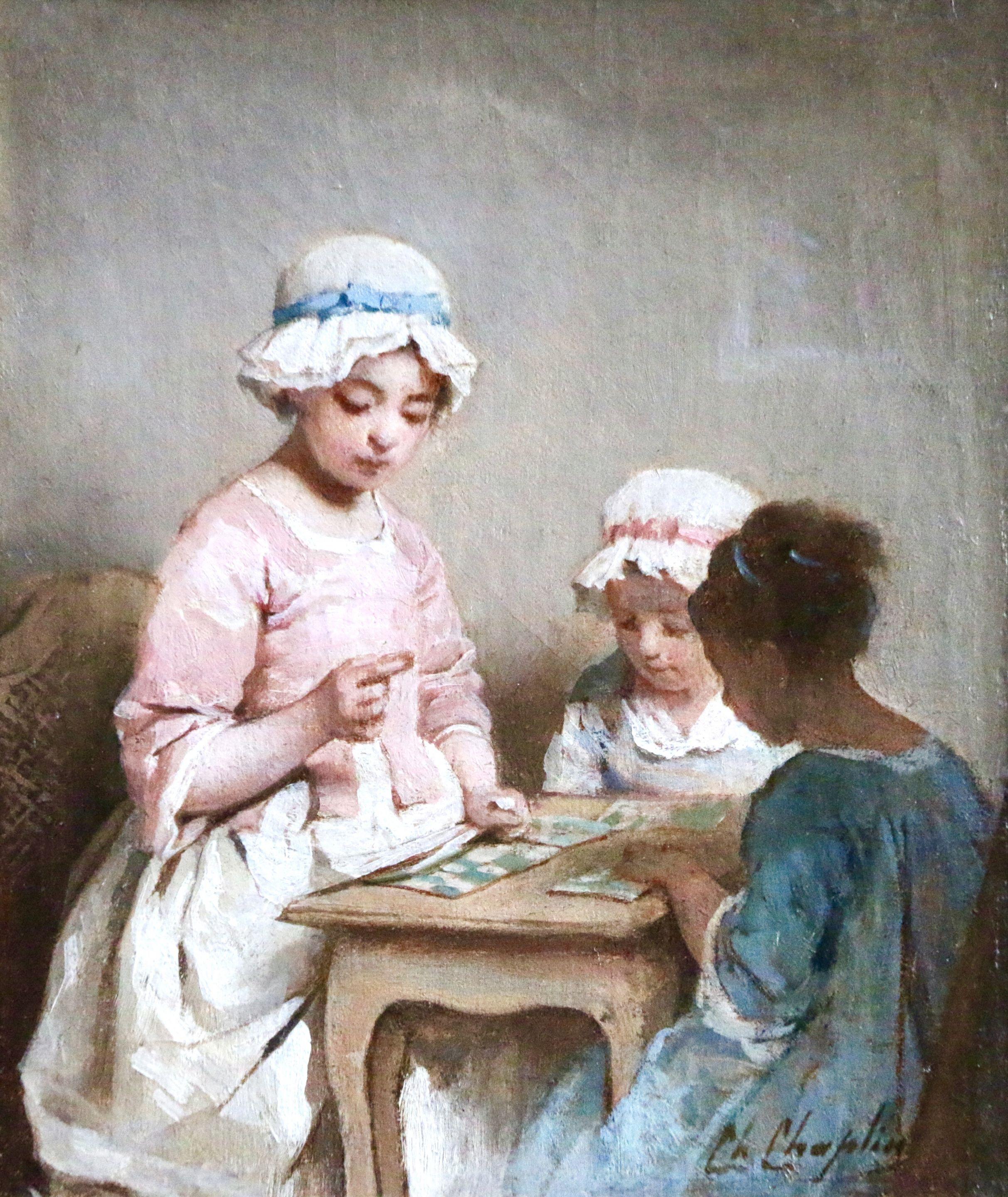 Charles Joshua Chaplin Interior Painting - A Game of Chance - 19th Century Oil, Young Girls Figures in Interior by Chaplin