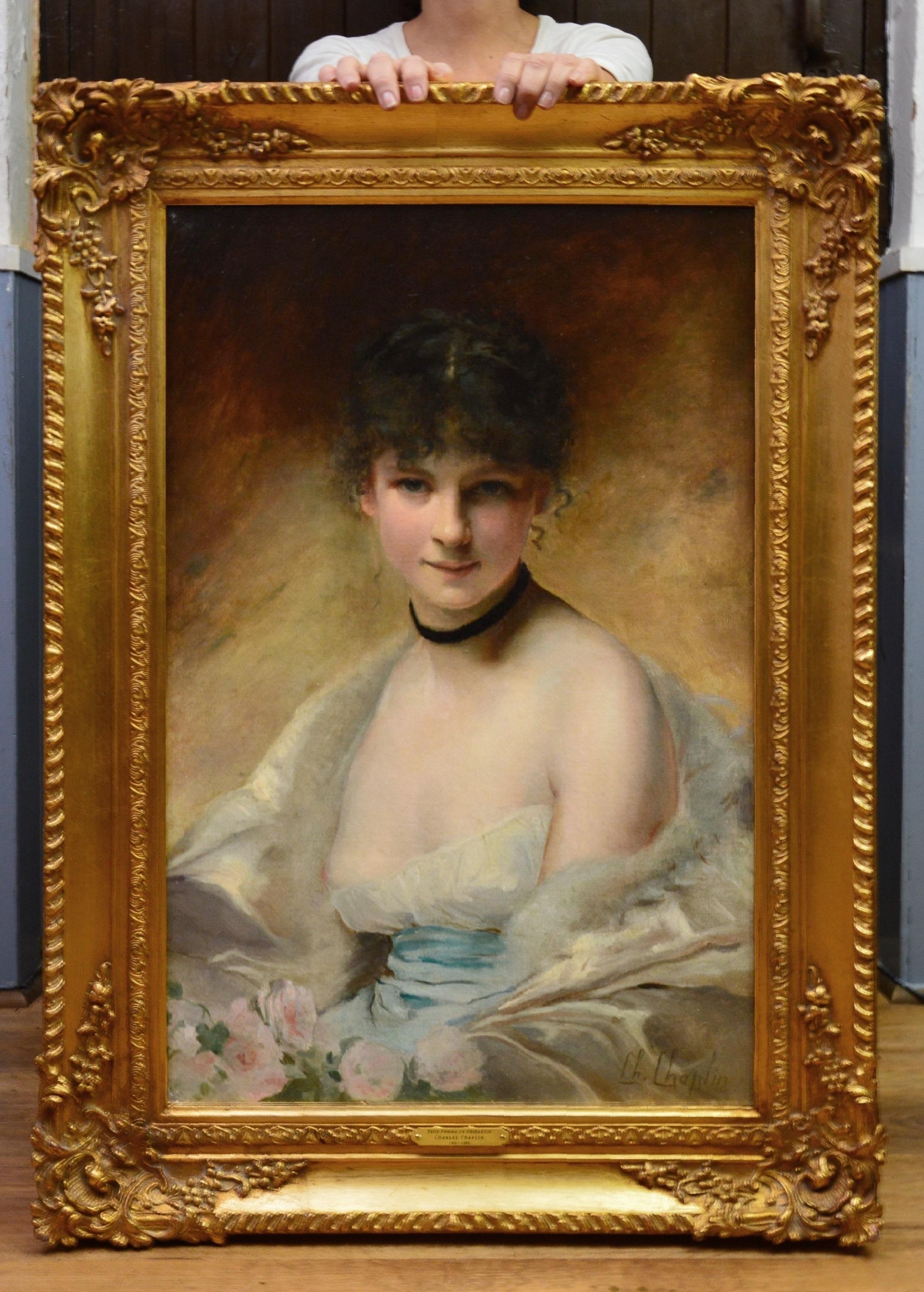 Belle Femme en Déshabillé - 19th Century French Salon Portrait of Society Beauty - Painting by Charles Joshua Chaplin