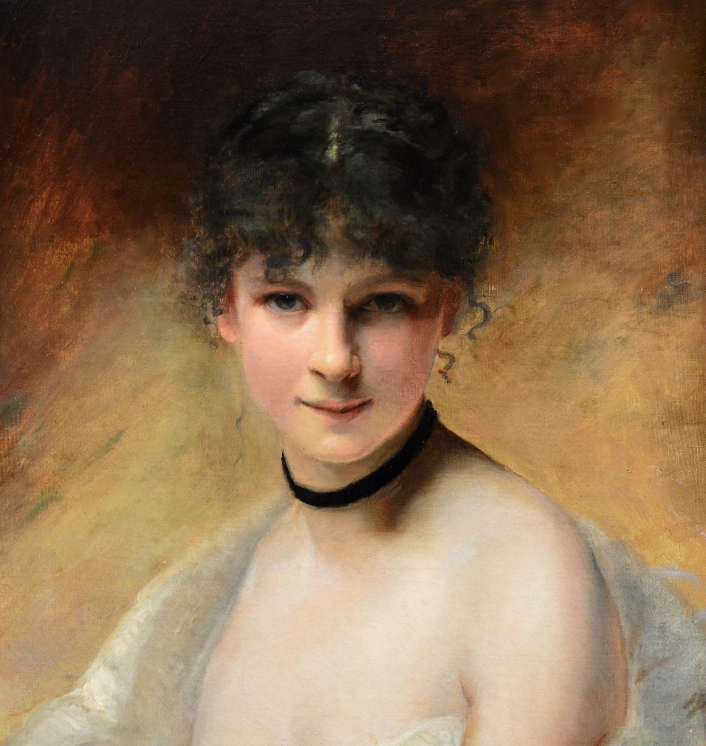 Belle Femme en Déshabillé - 19th Century French Salon Portrait of Society Beauty - Brown Portrait Painting by Charles Joshua Chaplin