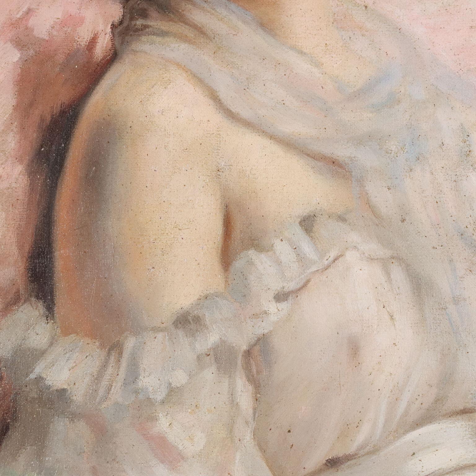 Pittura a olio su tela. Firmato in basso a sinistra. Il ritratto estremamente sensuale della donna in abiti succinti e in posa languida appartiene alla particolare produzione di ritratti del pittore e incisore francese Charles Joshua Chaplin. Famoso