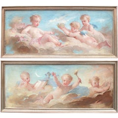 Coppia Olio su tela francese del XIX secolo  "Cherubini e Putti"