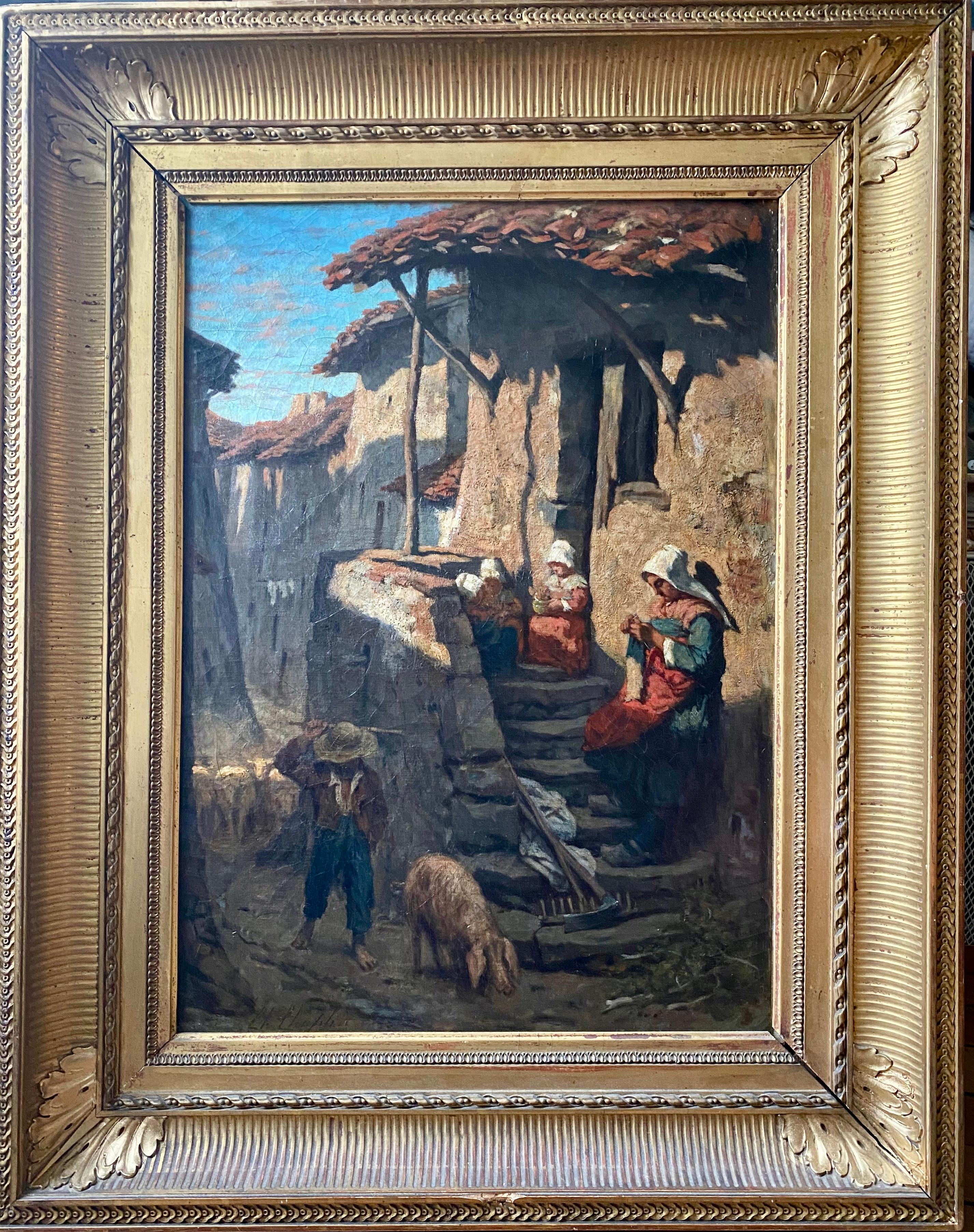 Rural Life in Summer: 19th C Island Village Scene, Figures and Animals painting