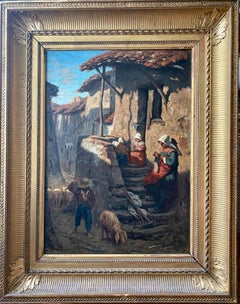 Rural Life in Summer: 19th C Island Village Scene, Figures and Animals painting