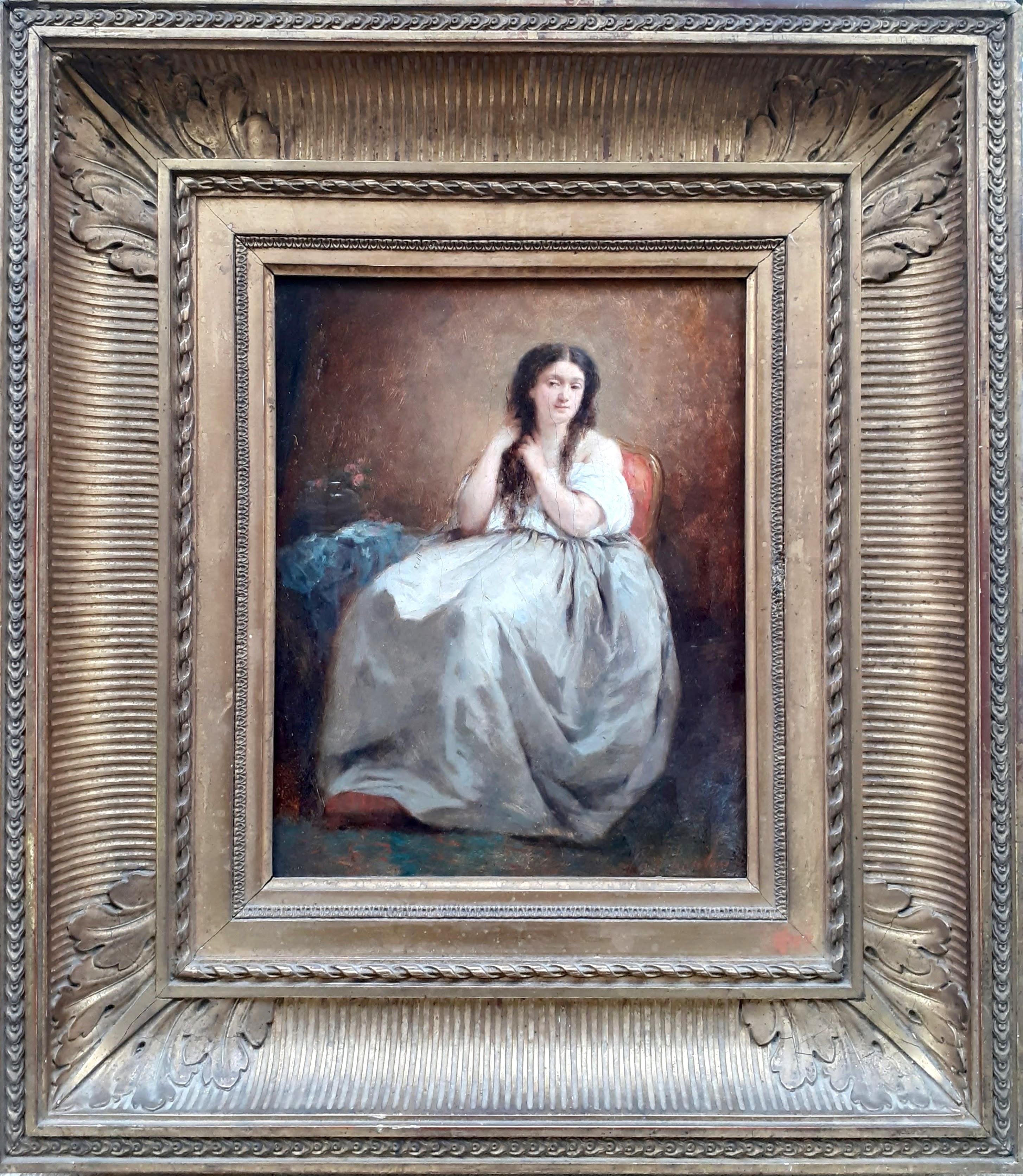 Charles Joshua Chaplin Interior Painting - Young lady in her boudoir, brushing hair in the morning antique French painting