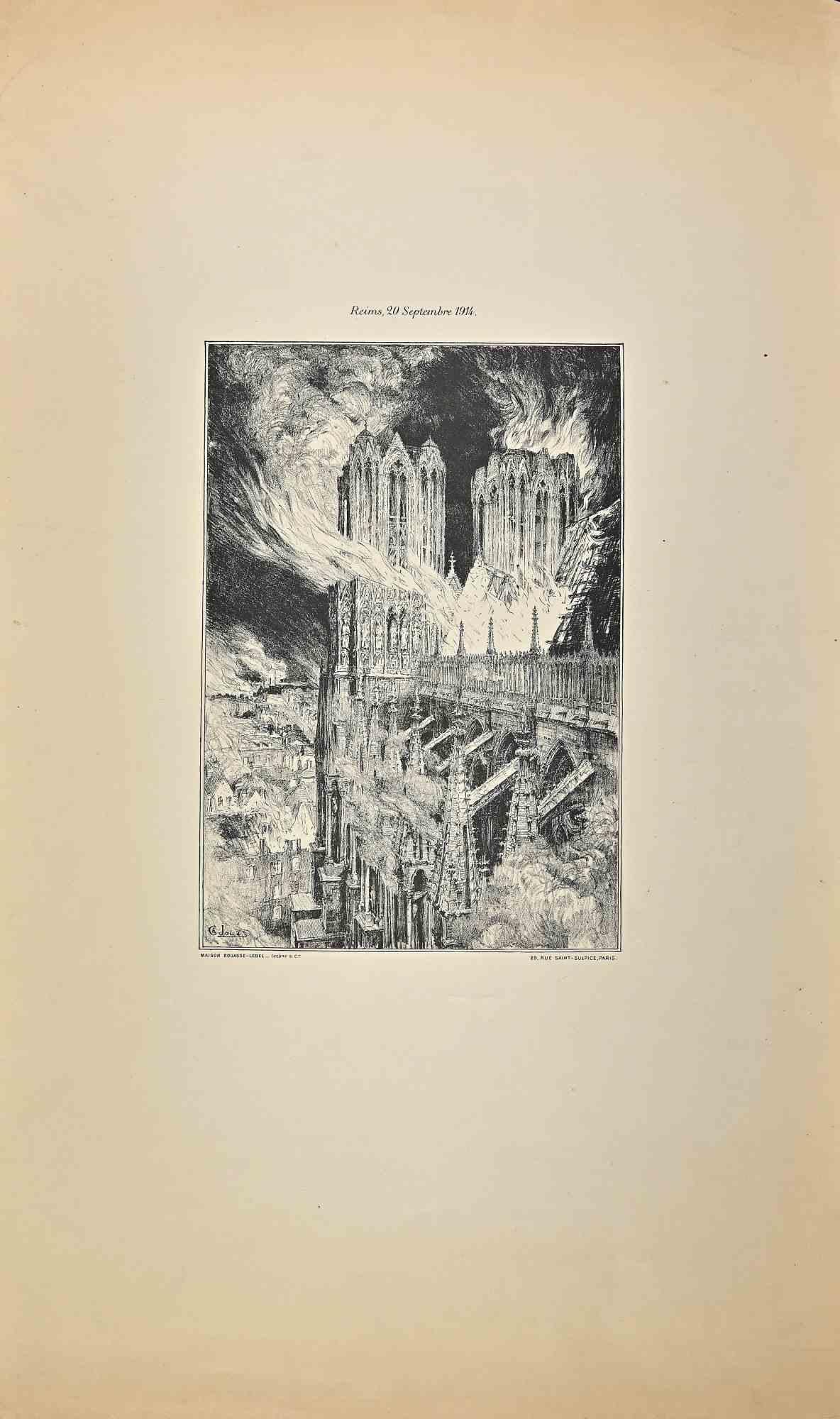 Reims: „Die Kathedrale in Flammen“ – Originallithographie von Charles Jouas, 1914