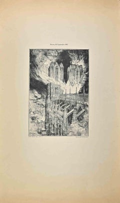 Reims The Cathedral in Flames - Original Lithographby Charles Jouas - 1914