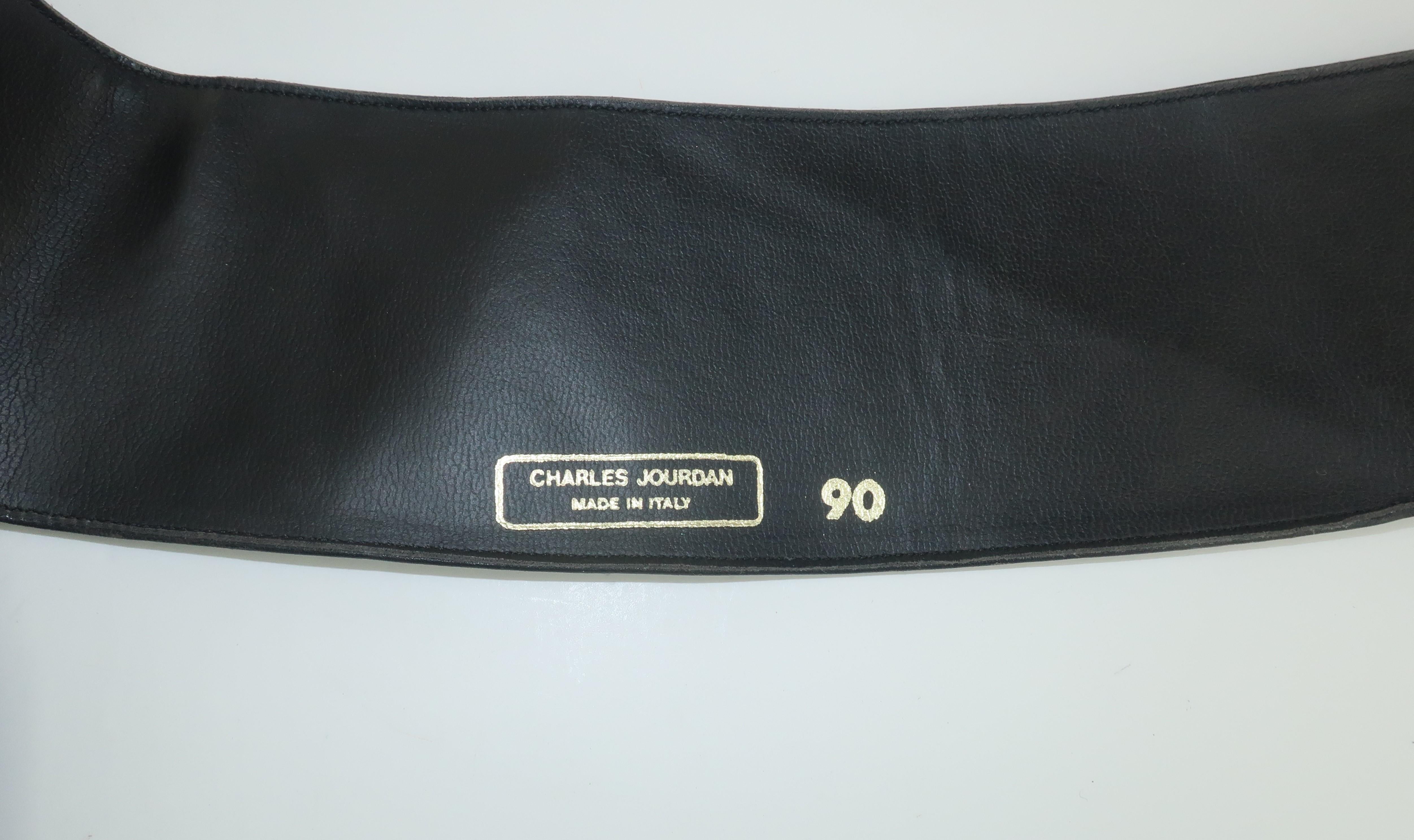 Charles Jourdan Black Leather Bejeweled Bow Belt, 1980's 10