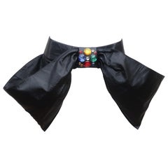 Charles Jourdan Black Leather Bejeweled Bow Belt, 1980's