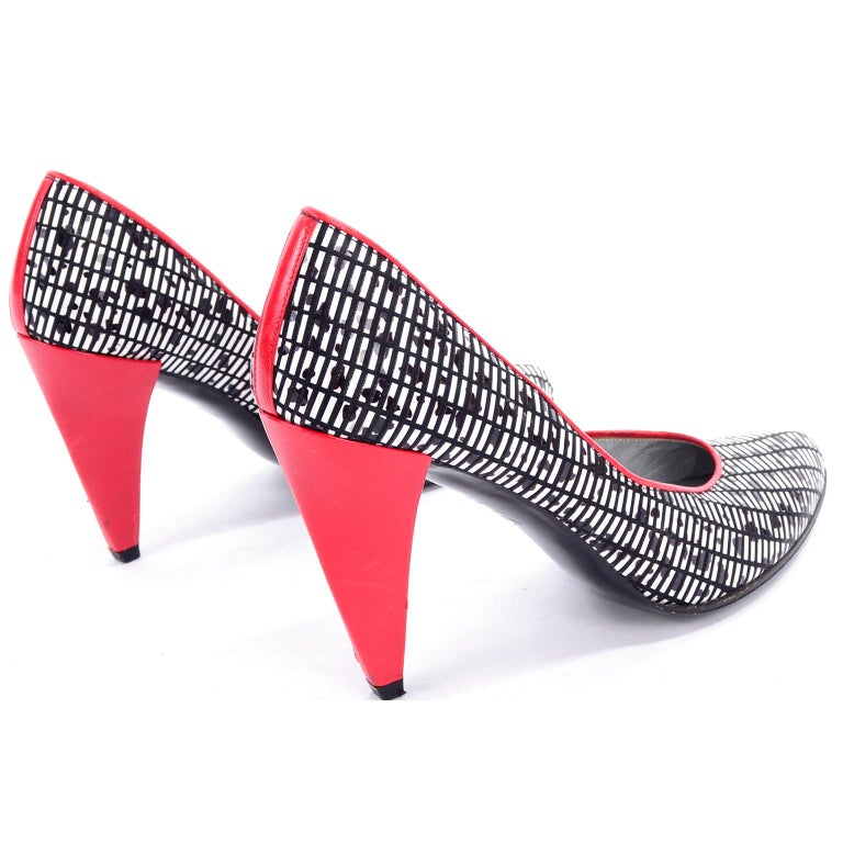 Charles Jourdan Black and White Vintage Graphic Shoes WIth Red Heels 7N at  1stDibs | white vintage heels, vintage black and white shoes
