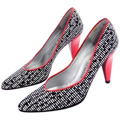 Charles Jourdan Black & White Vintage Graphic Shoes WIth Red Heels 7N
