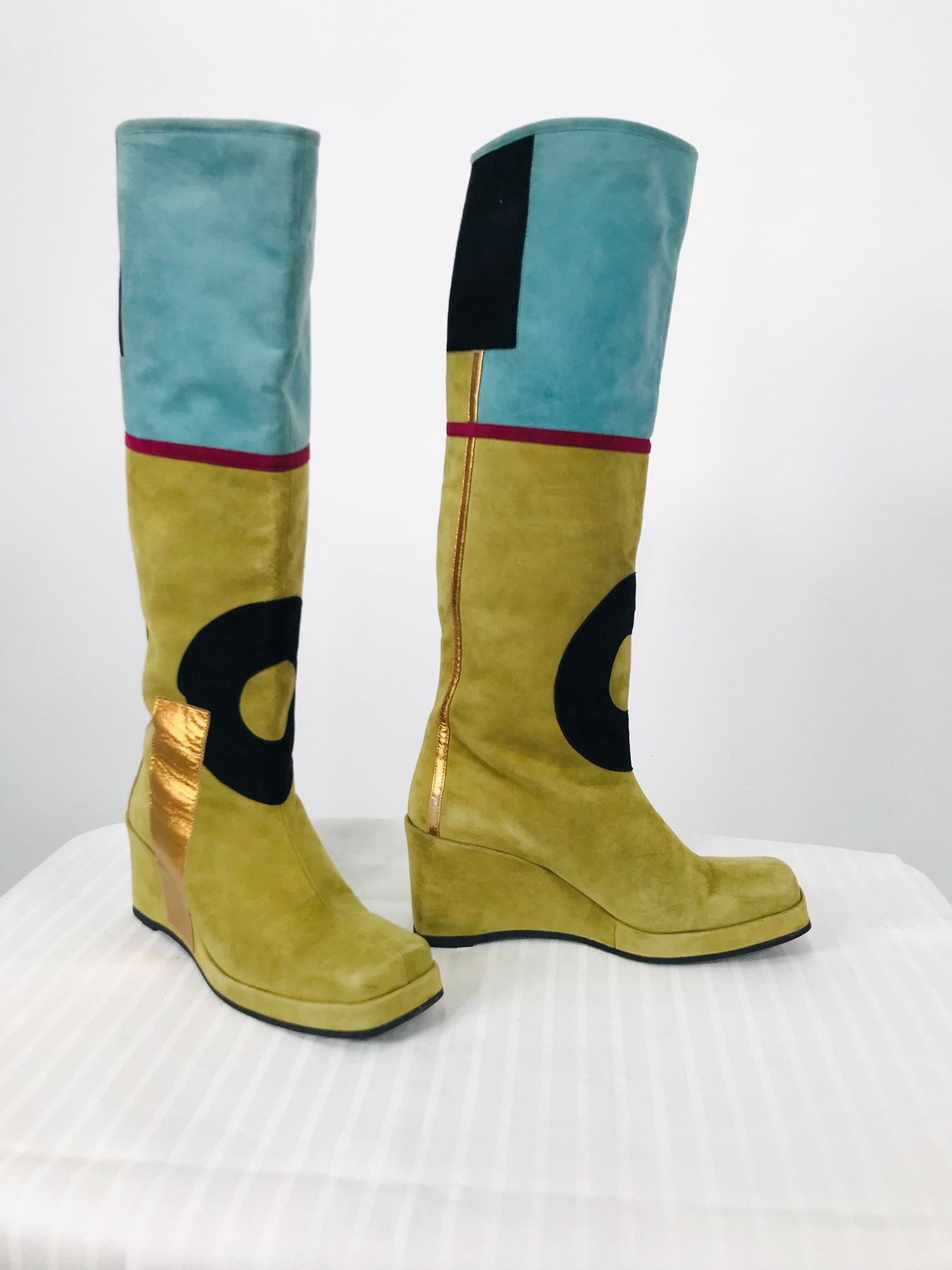 Charles Jourdan multicolour applique suede & leather wedge heel boots. Fabulous moss green and aqua blue suede boots have appliques of black suede circles and squares, bands of red and gold leather. Wedge heel platform boots are unique, the toes are