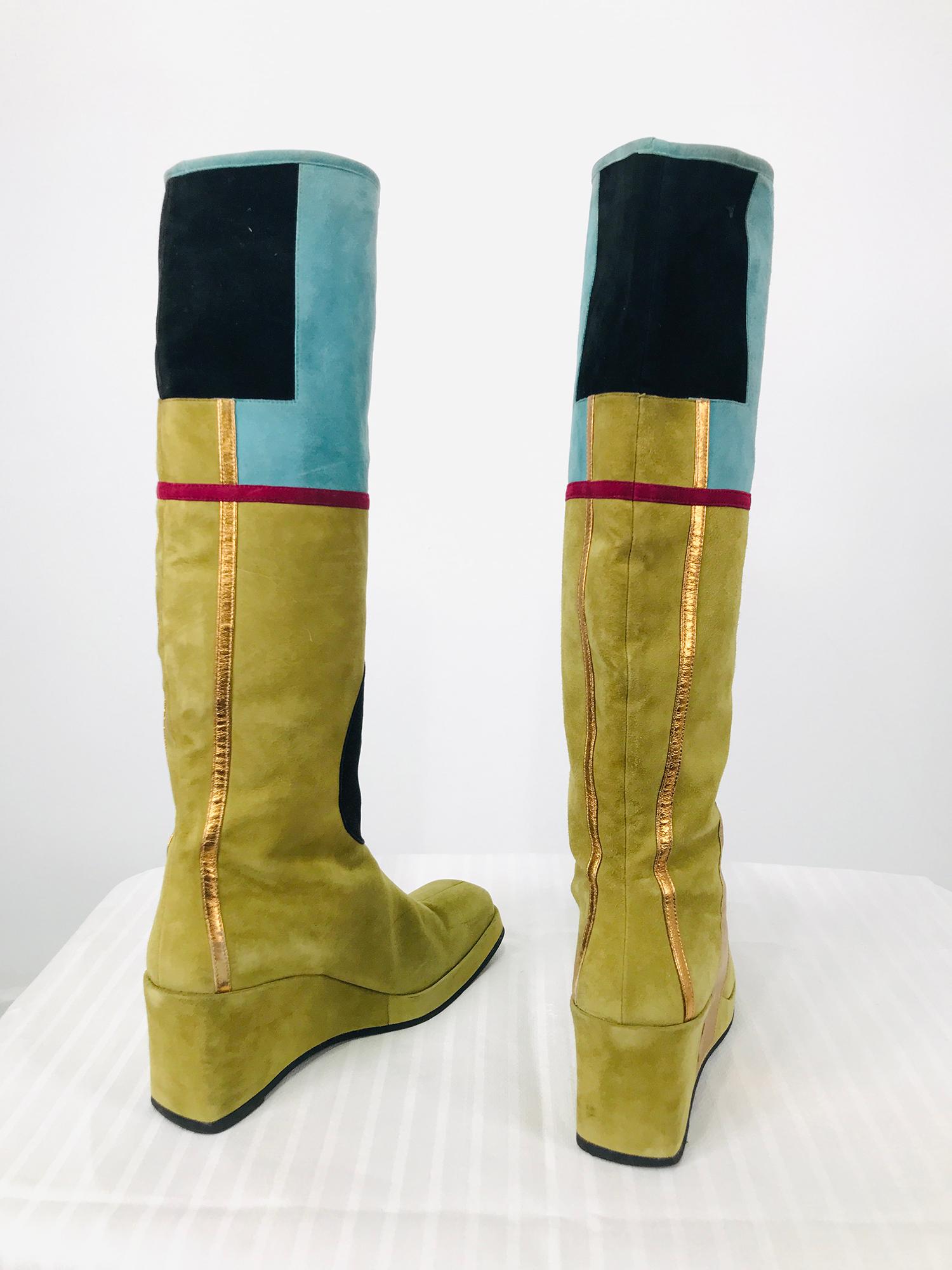 Charles Jourdan Multicolour Applique Suede & Leather Wedge Heel Boots In Good Condition In West Palm Beach, FL