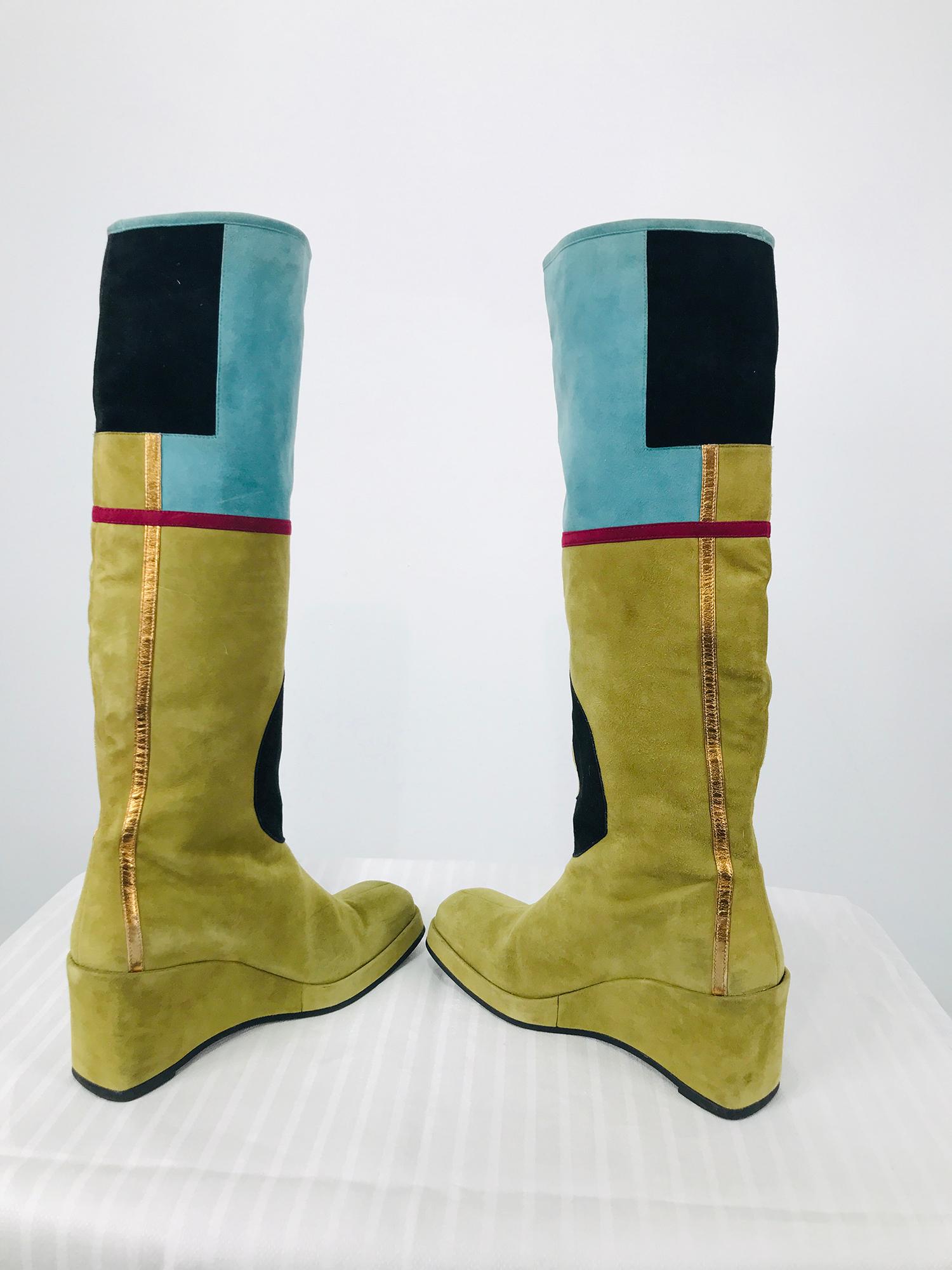 Charles Jourdan Multicolour Applique Suede & Leather Wedge Heel Boots 1