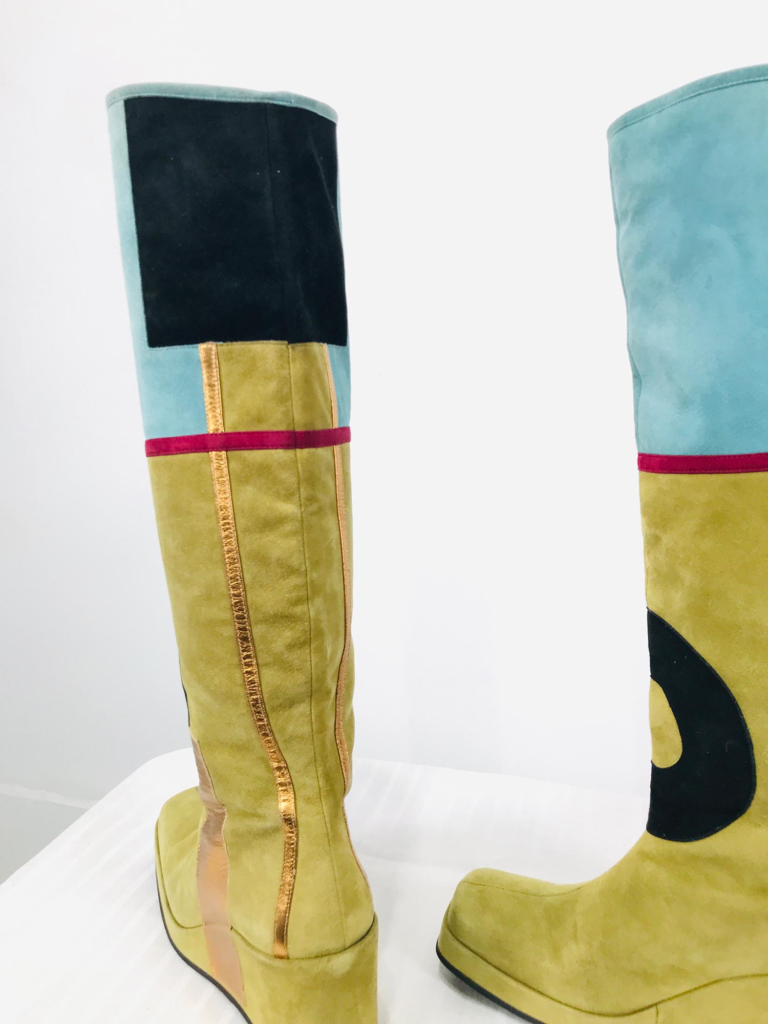 Charles Jourdan Multicolour Applique Suede & Leather Wedge Heel Boots 2
