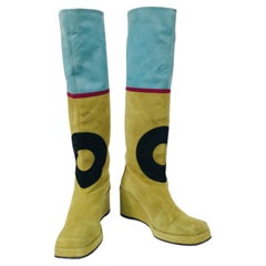 Charles Jourdan Multicolour Applique Suede & Leather Wedge Heel Boots