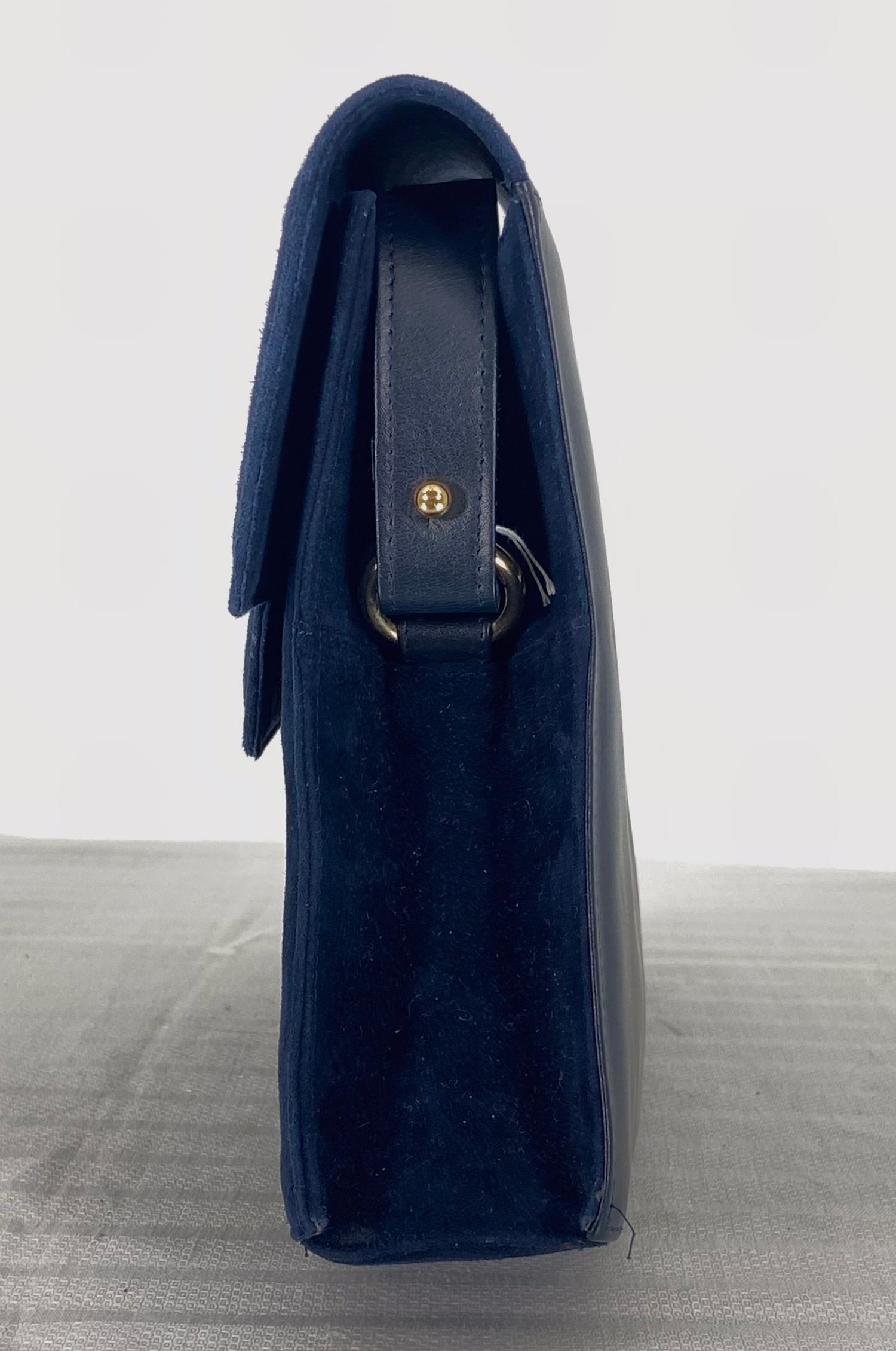 Black Charles Jourdan Navy Blue Flap Front Suede & Leather Shoulder Bag 1990s For Sale