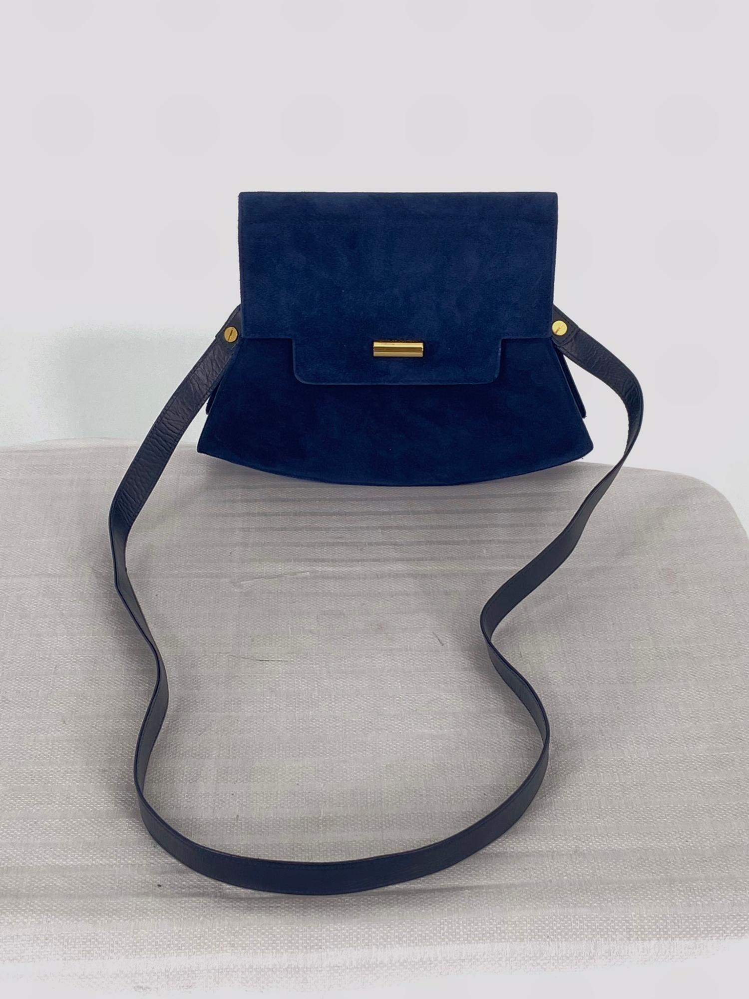 Charles Jourdan Navy Blue Flap Front Suede & Leather Shoulder Bag 1990s In Good Condition For Sale In West Palm Beach, FL