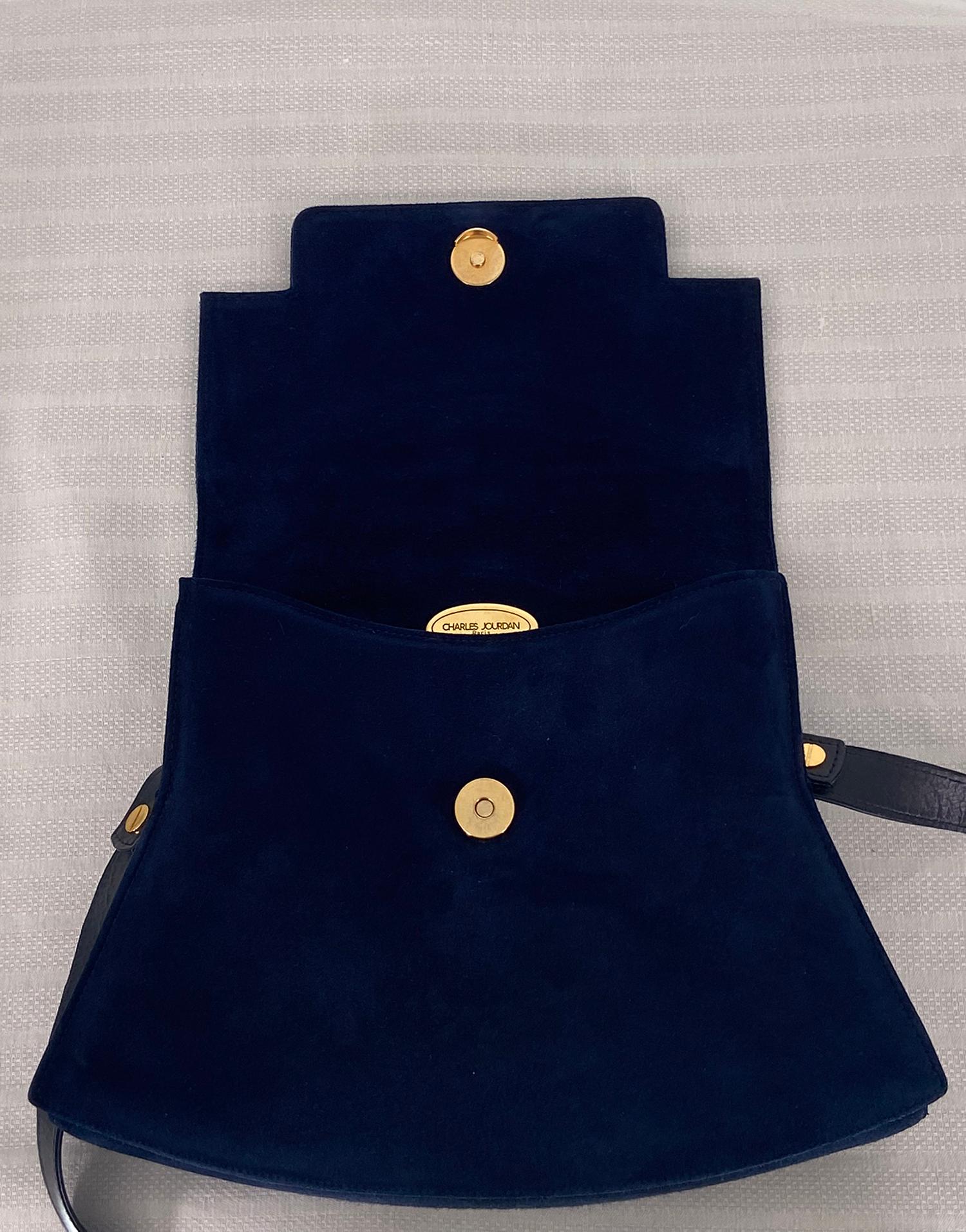 Women's Charles Jourdan Navy Blue Flap Front Suede & Leather Shoulder Bag 1990s For Sale