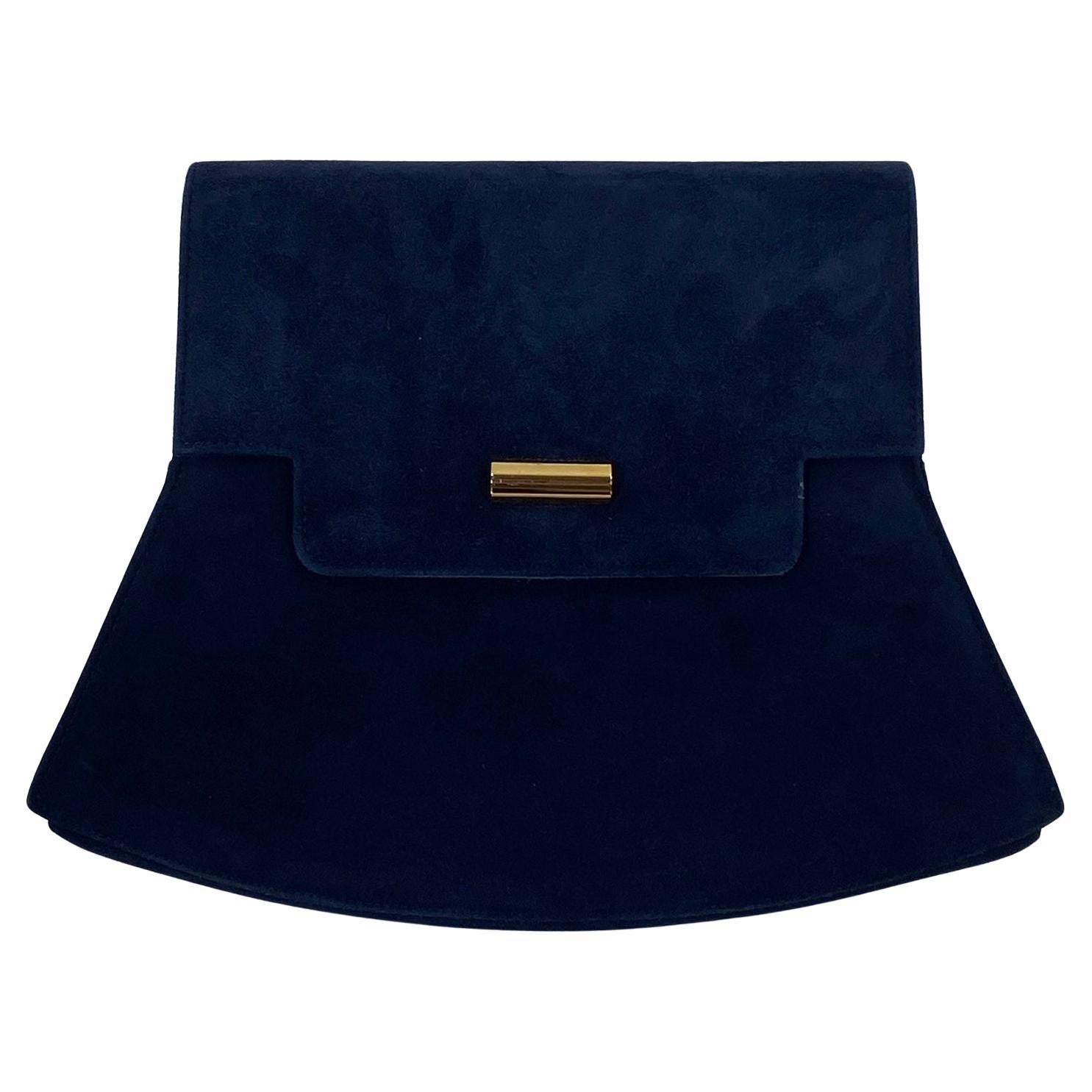 Charles Jourdan Navy Blue Flap Front Suede & Leather Shoulder Bag 1990s For Sale