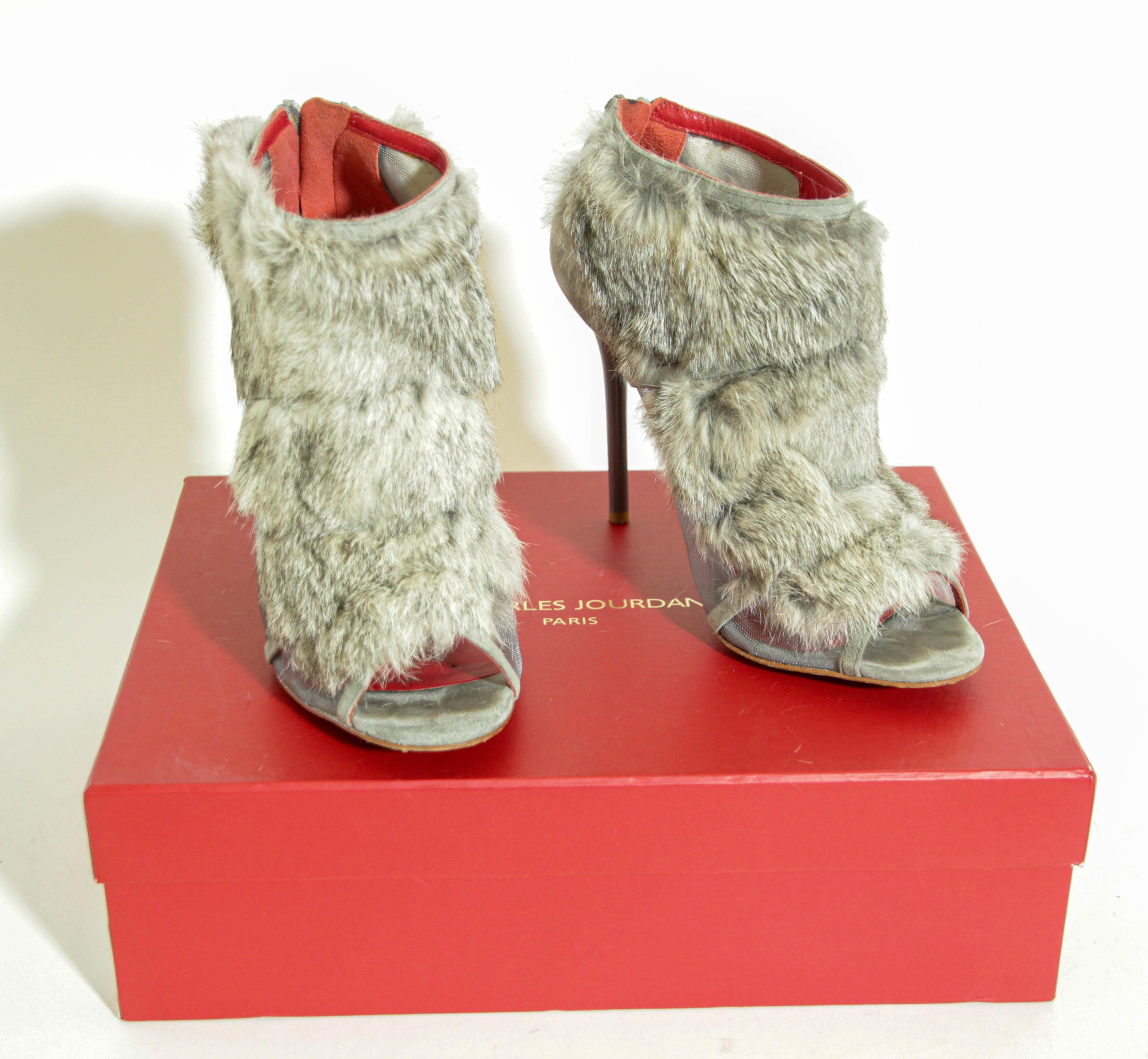 Charles Jourdan Paris Fur Stiletto Peep Toe Ankle Boots Leather Heels Gray 9 M. in vendita 5