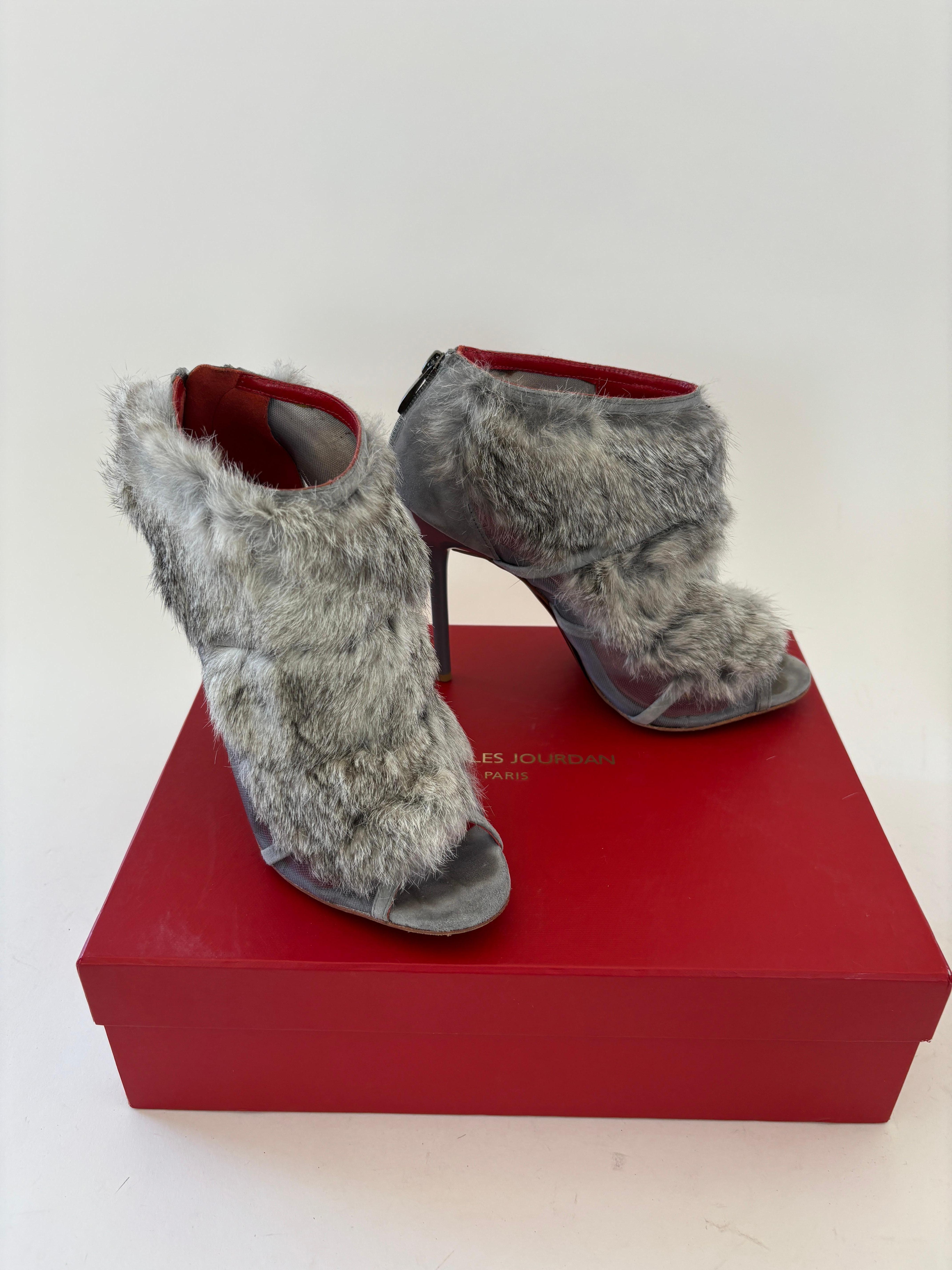 Charles Jourdan Paris Fur Stiletto Peep Toe Ankle Boots Leather Heels Gray 9 M. in vendita 7