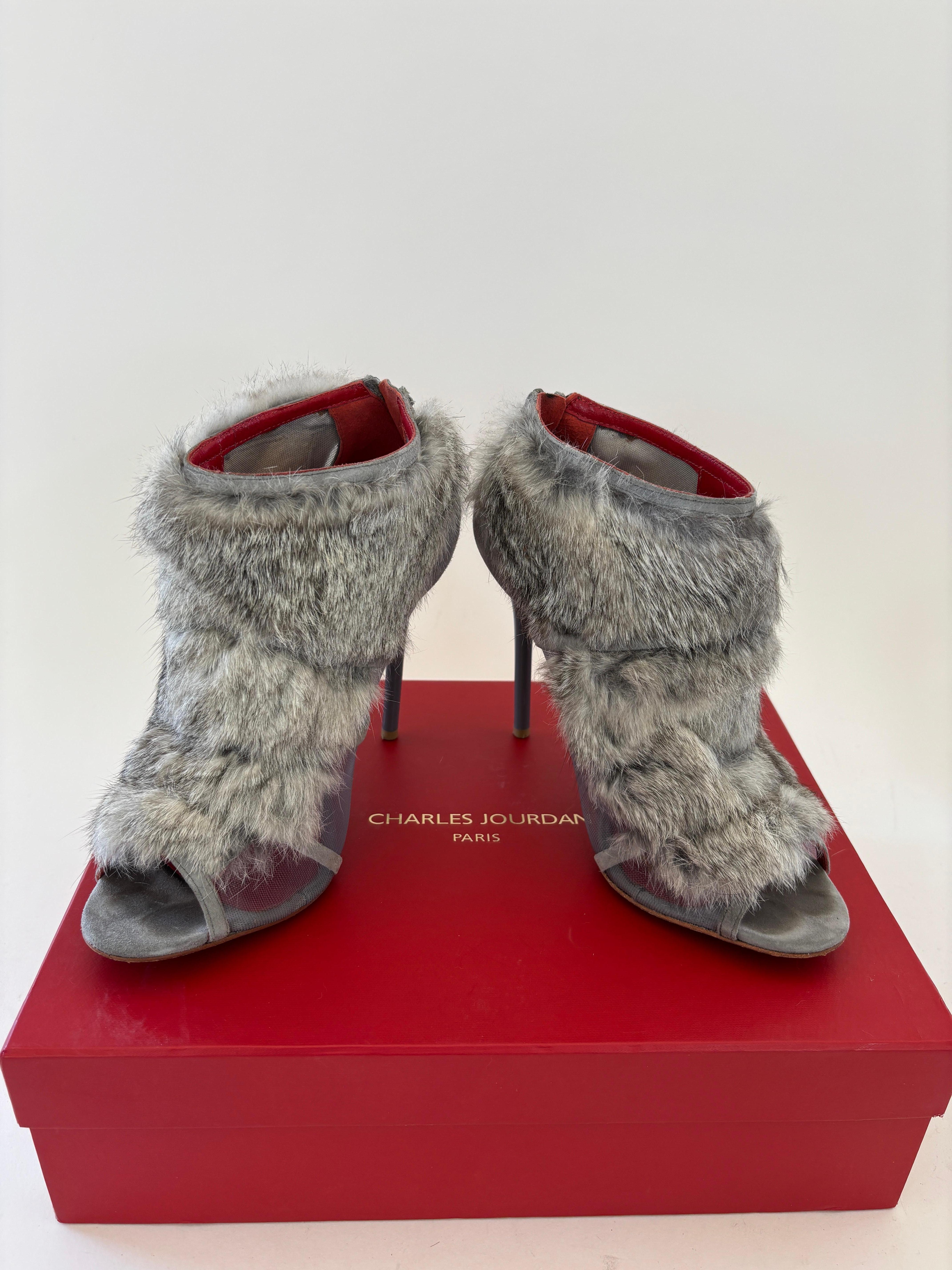 Charles Jourdan Paris Fur Stiletto Peep Toe Ankle Boots Leather Heels Gray 9 M. in vendita 8