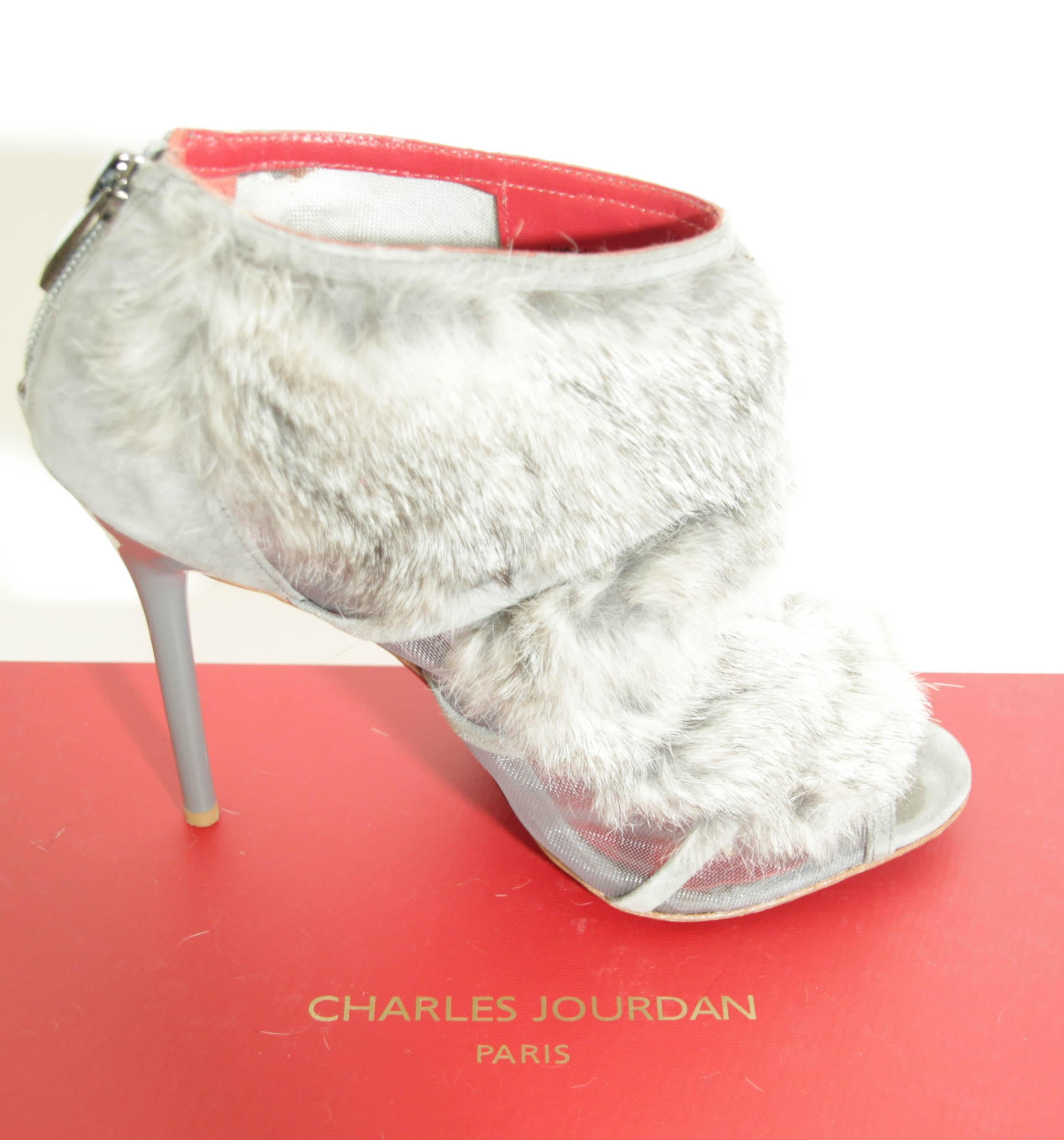 Grigio Charles Jourdan Paris Fur Stiletto Peep Toe Ankle Boots Leather Heels Gray 9 M. in vendita