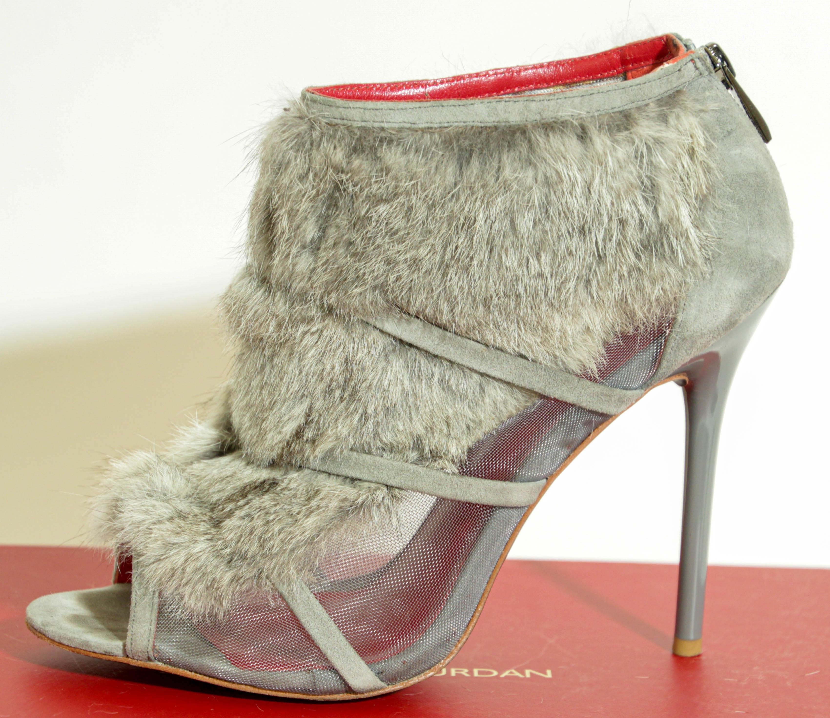 Charles Jourdan Paris Fur Stiletto Peep Toe Ankle Boots Leather Heels Gray 9 M. in vendita 3
