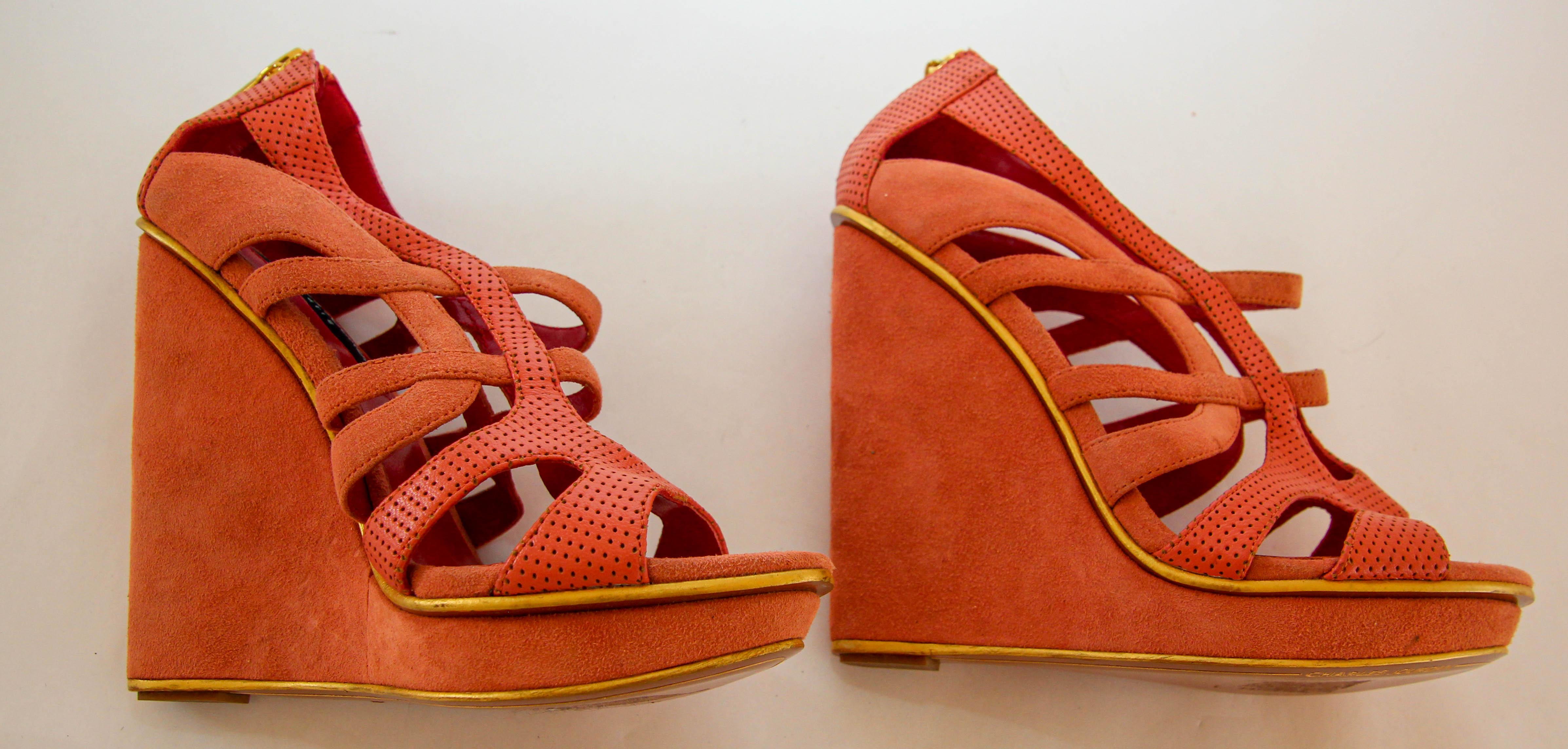 Charles Jourdan Paris Orange Wedge Sandals Size US 6 EU 36 For Sale 8