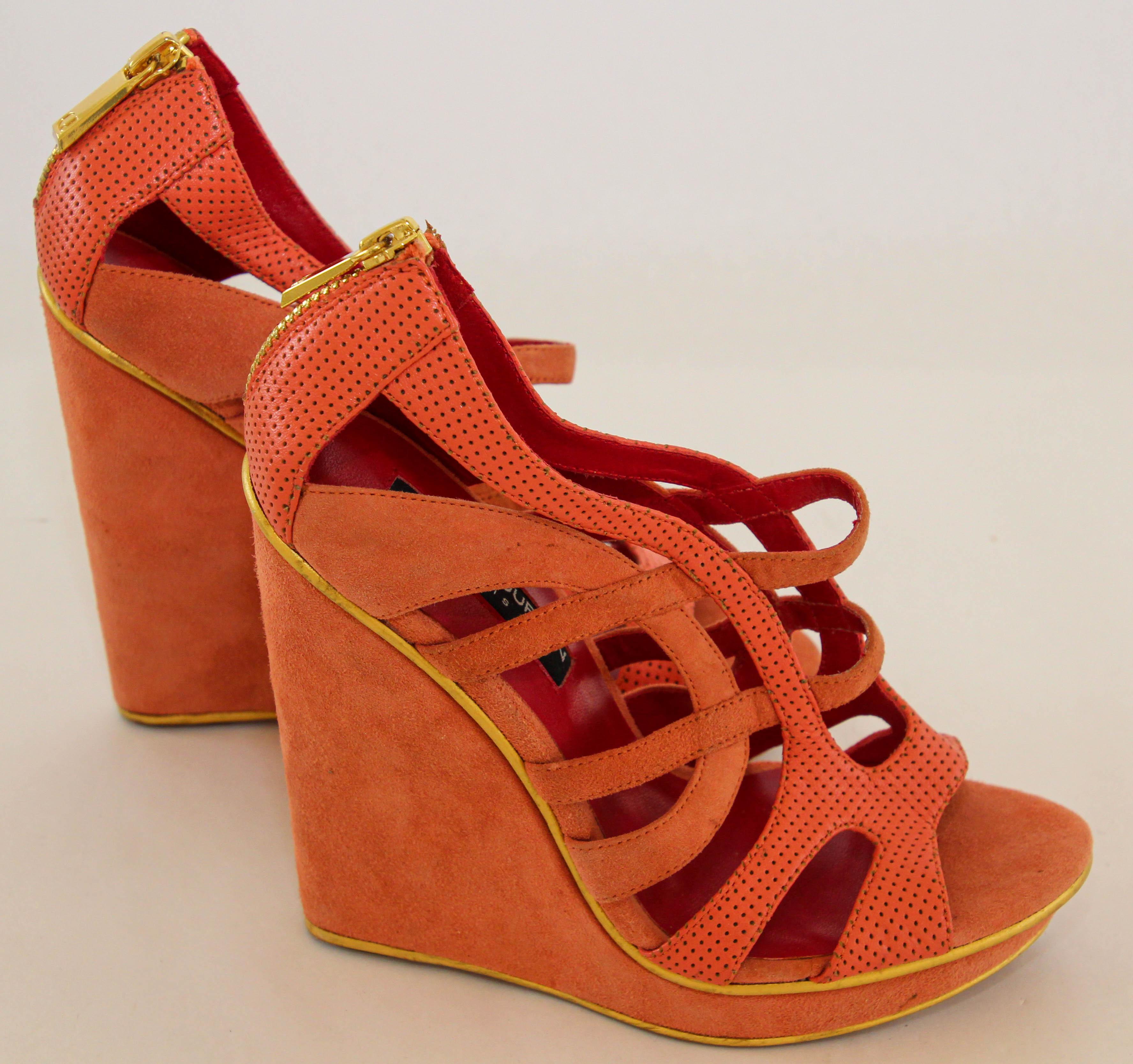 Charles Jourdan Paris Orange Wedge Sandals Size US 6 EU 36 For Sale 2