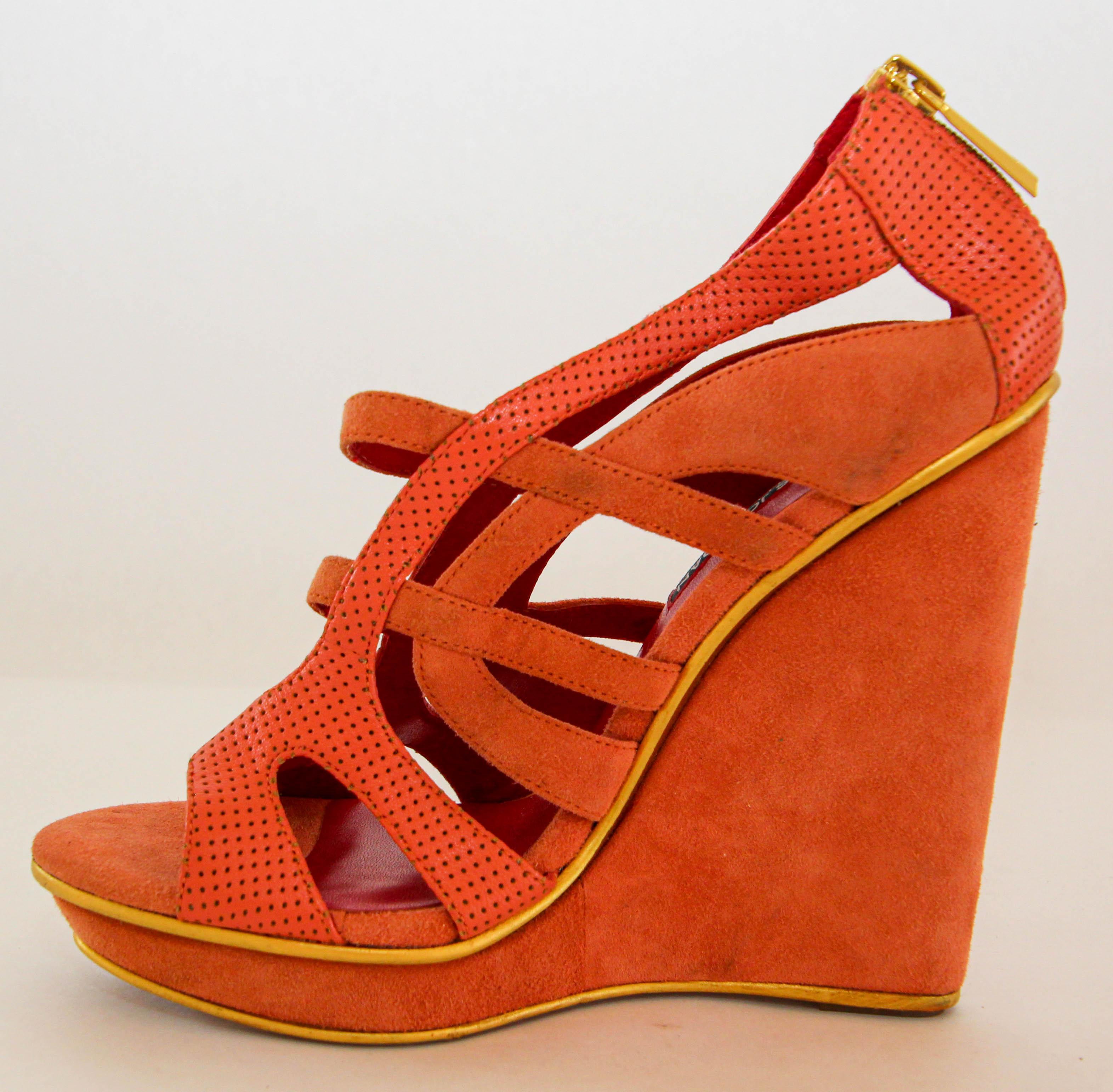 Charles Jourdan Paris Orange Wedge Sandals Size US 6 EU 36 For Sale 5