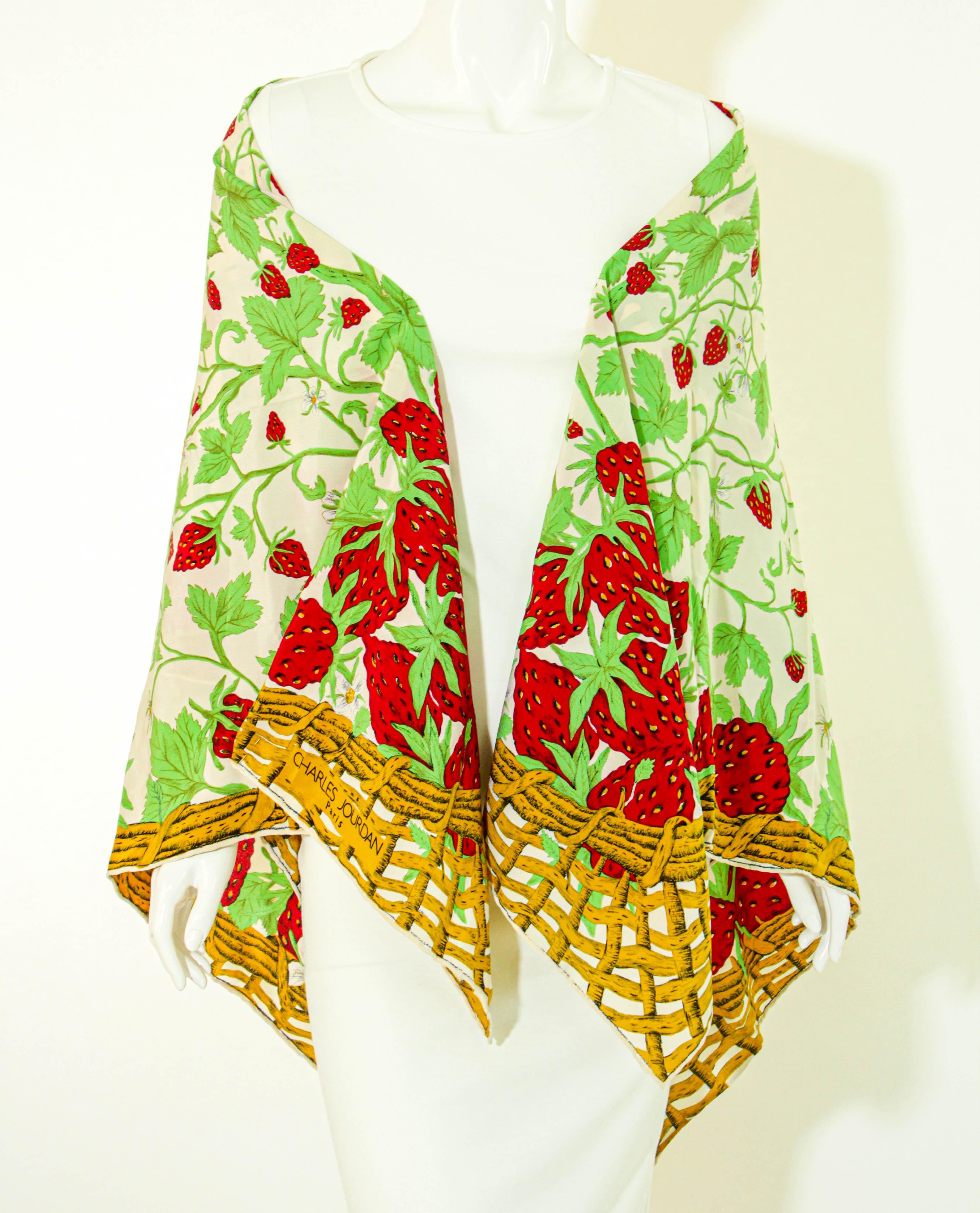 CHARLES JOURDAN Paris Strawberry Silk Scarf 53 inches Square For Sale 9