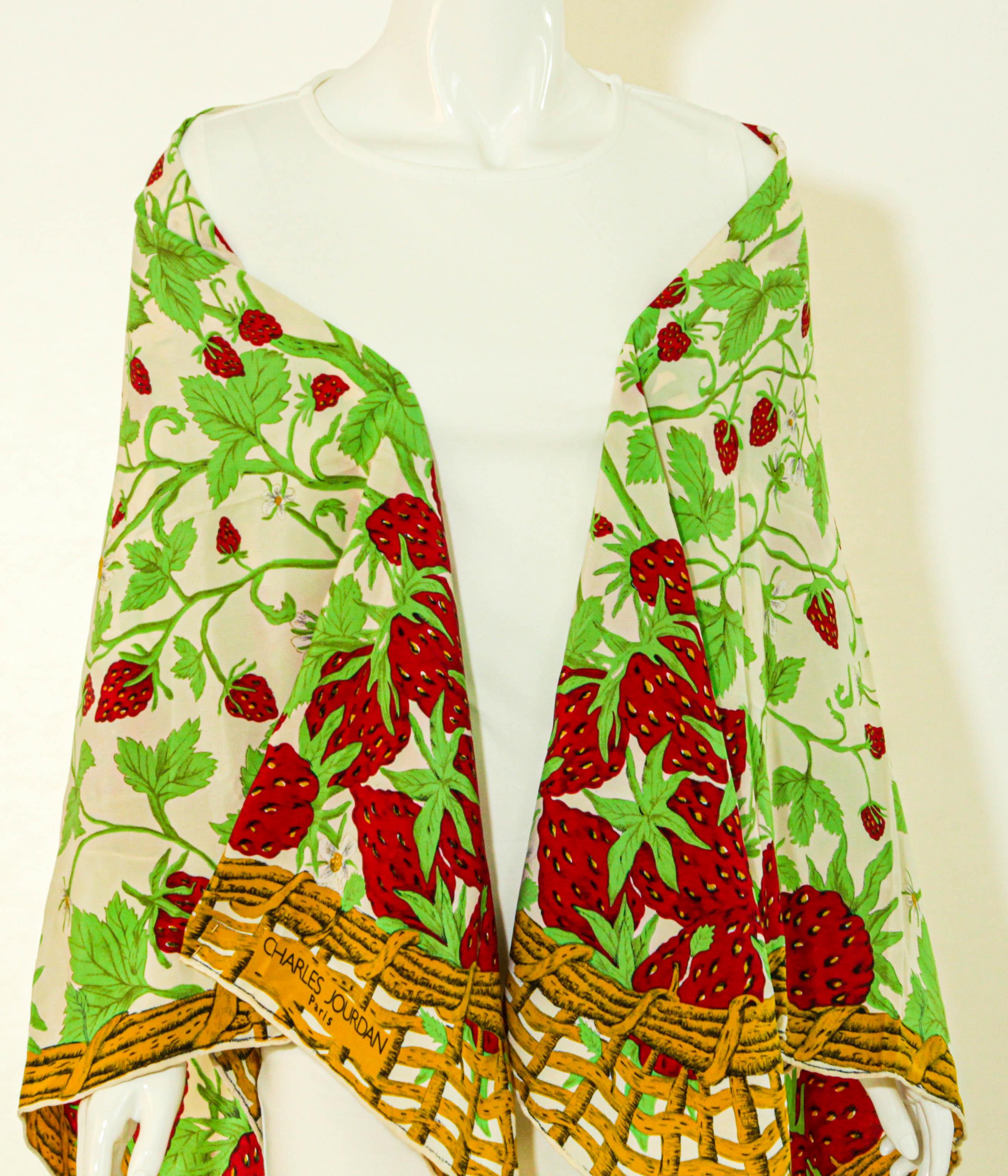 CHARLES JOURDAN Paris Strawberry Silk Scarf 53 inches Square For Sale 3