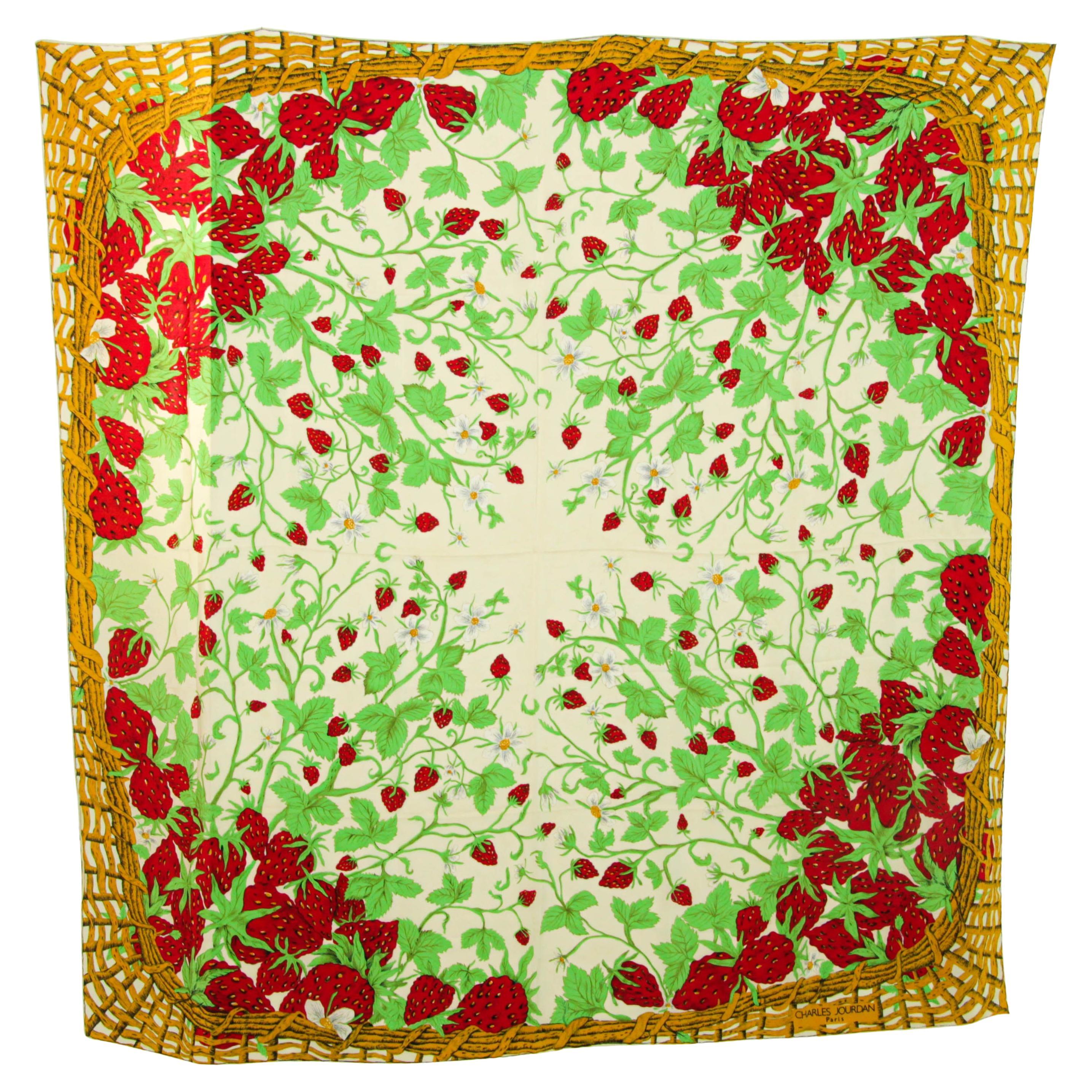 CHARLES JOURDAN Paris Strawberry Silk Scarf 53 inches Square For Sale