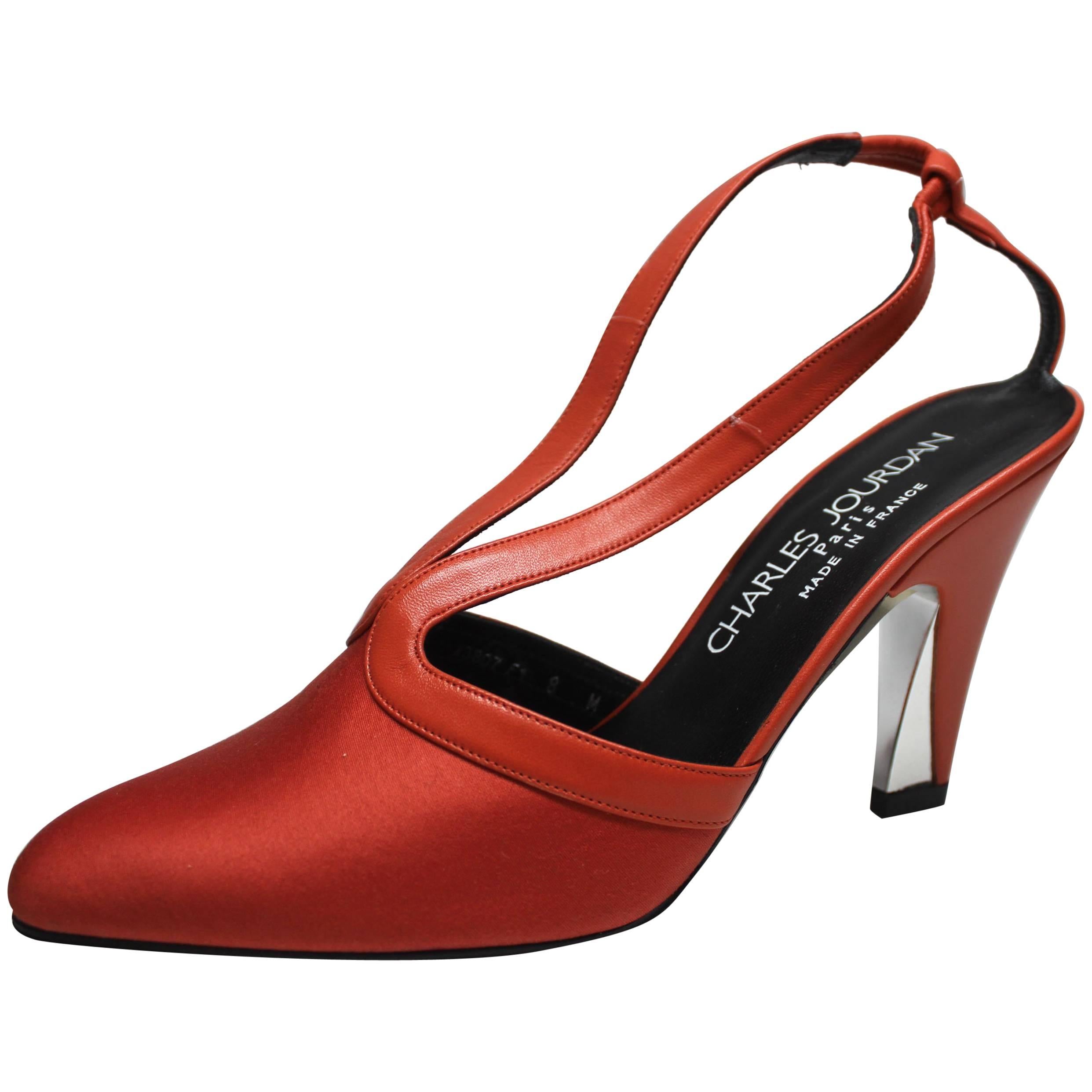 Charles Jourdan Red Orange Pointed Toe Slingback Heel, 1980s For Sale