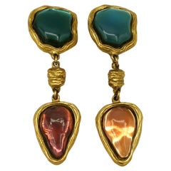 CHARLES JOURDAN Vintage Gold Tone Resin Cabochons Dangling Earrings