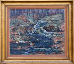 "Divisionist Landscape with Creek" Impressionism Nature Forest Trees River Blue