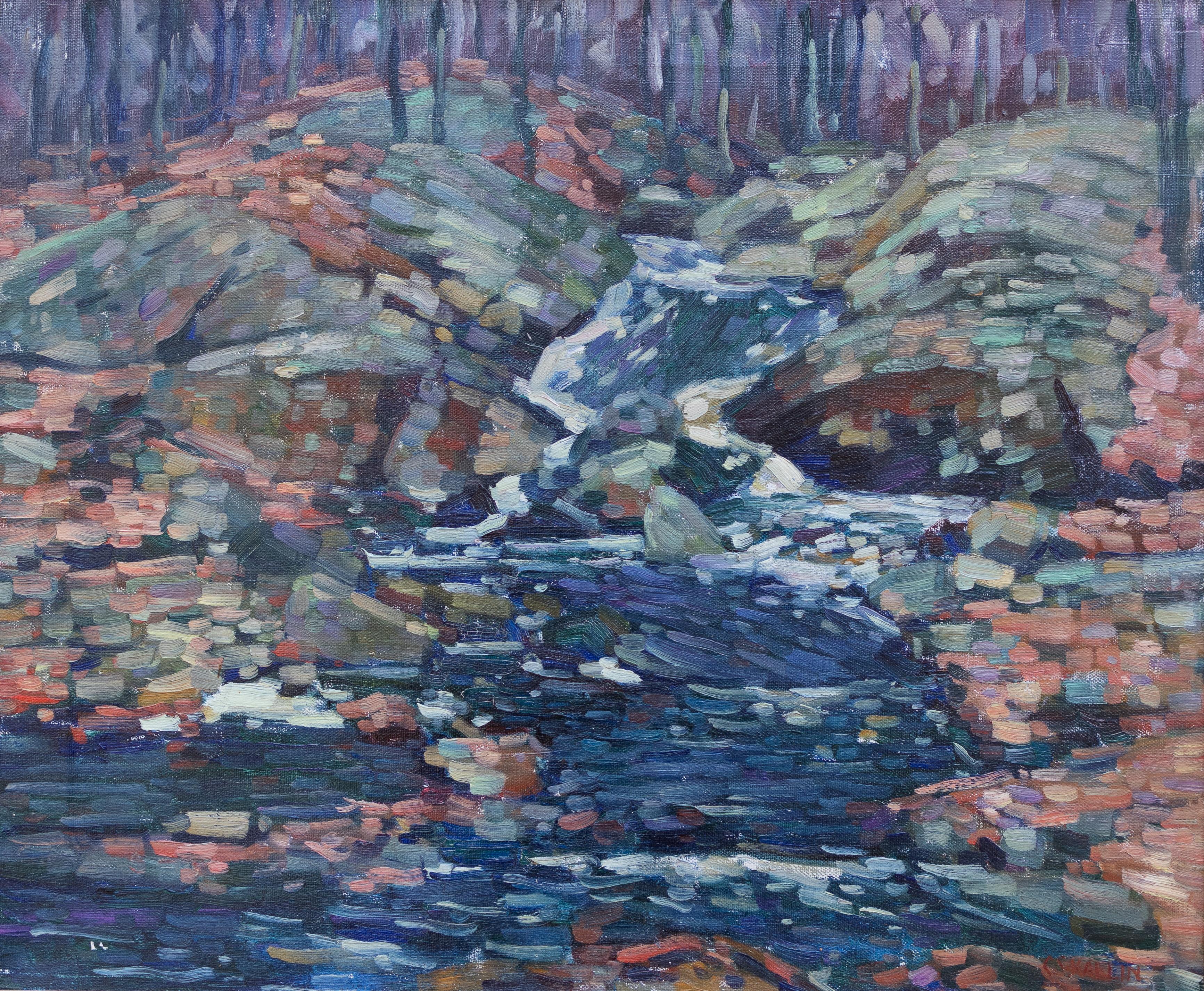 Charles Kaelin Landscape Painting – "Divisionistische Landschaft mit Bach" Impressionismus Natur Wald Bäume Fluss Blau