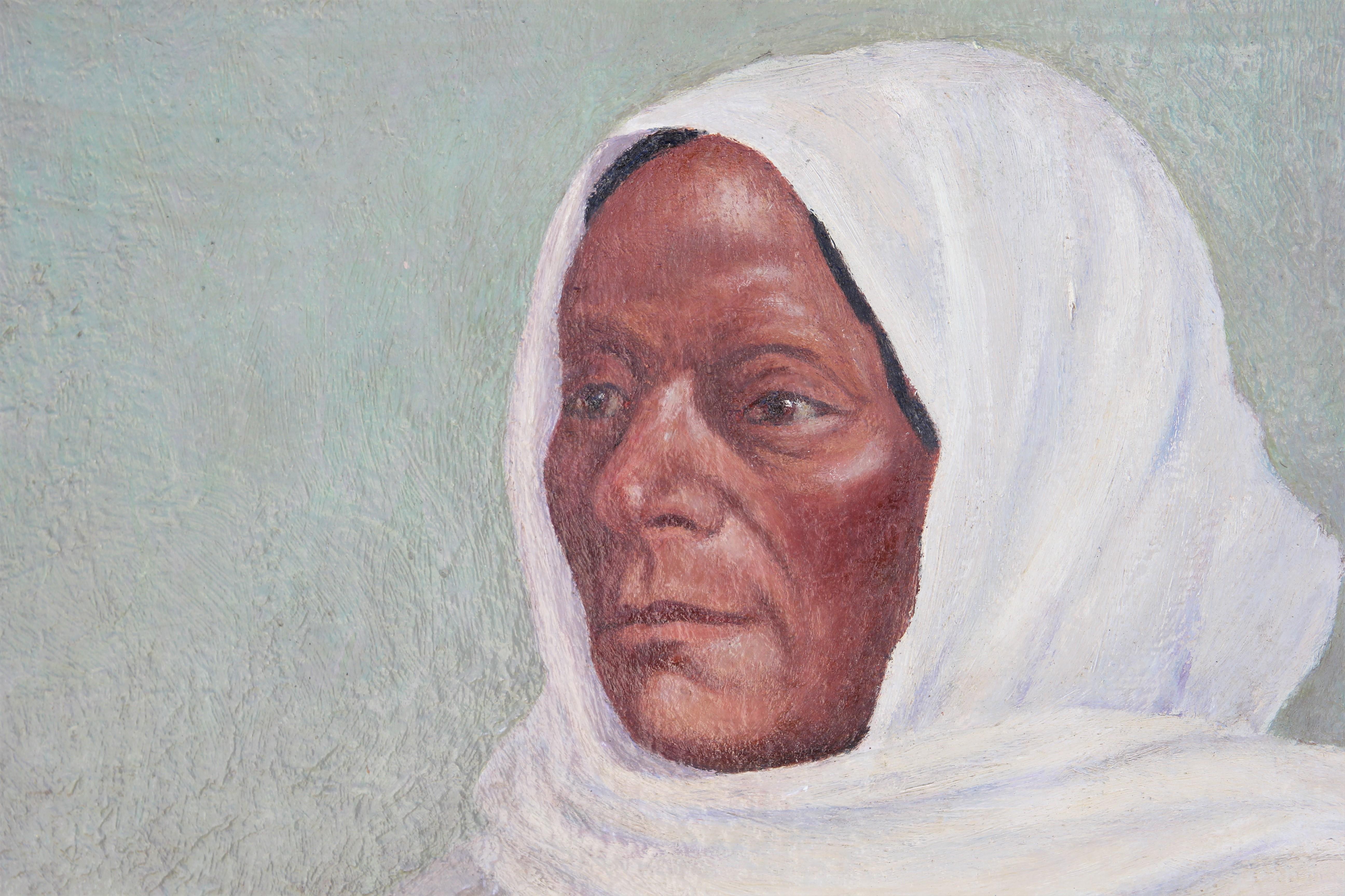Portrait réaliste de femme Tao aux tons verts pastel dans un bandeau blanc - Marron Portrait Painting par Charles Kern Fiedler