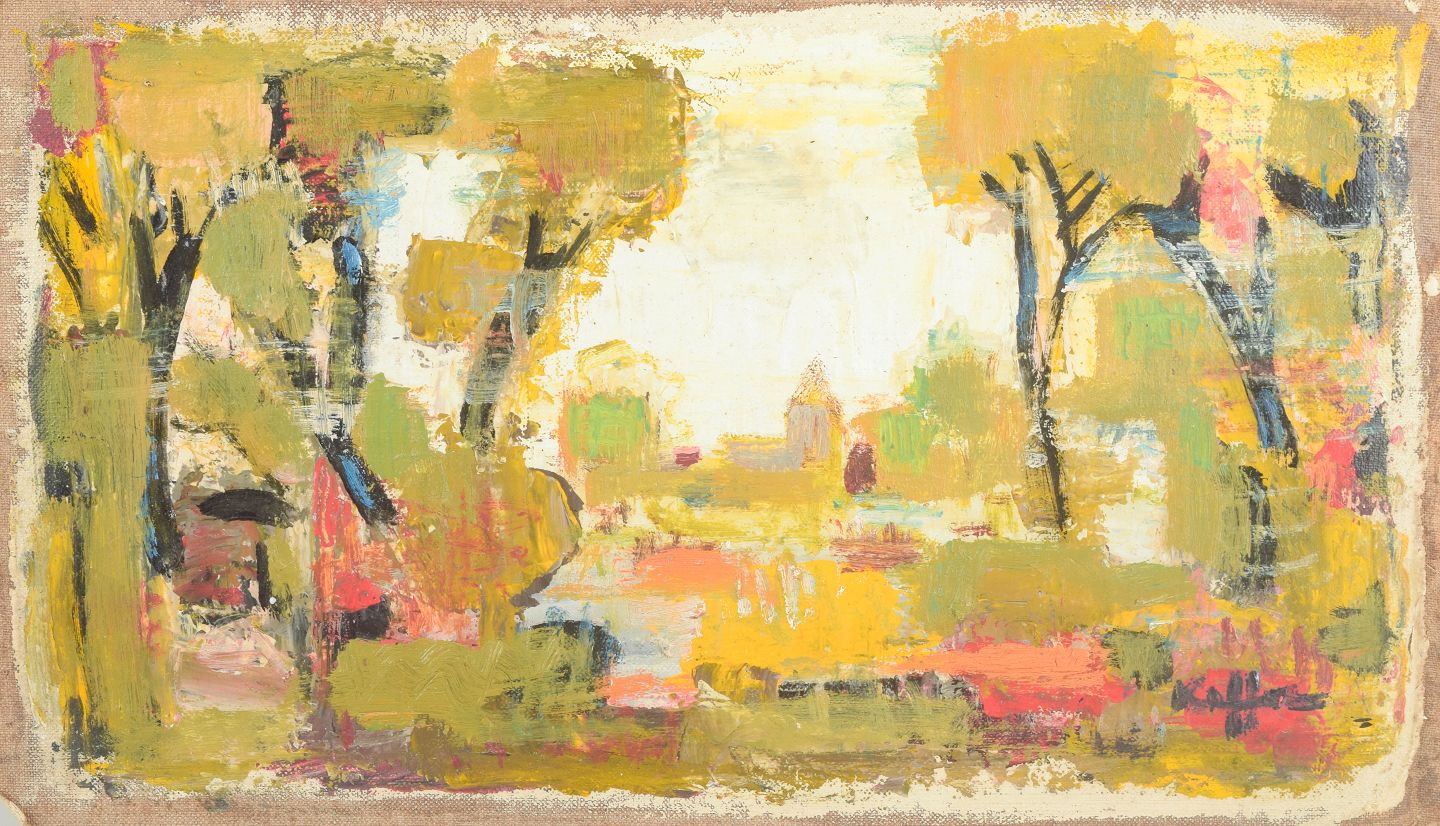 Charles Kiffer, französischer Künstler. Öl auf Leinwand. Blick auf Bäume und Kirche. 1960s