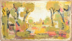 Charles Kiffer, French artist. Oil on canvas. View of trees and church. 1960s