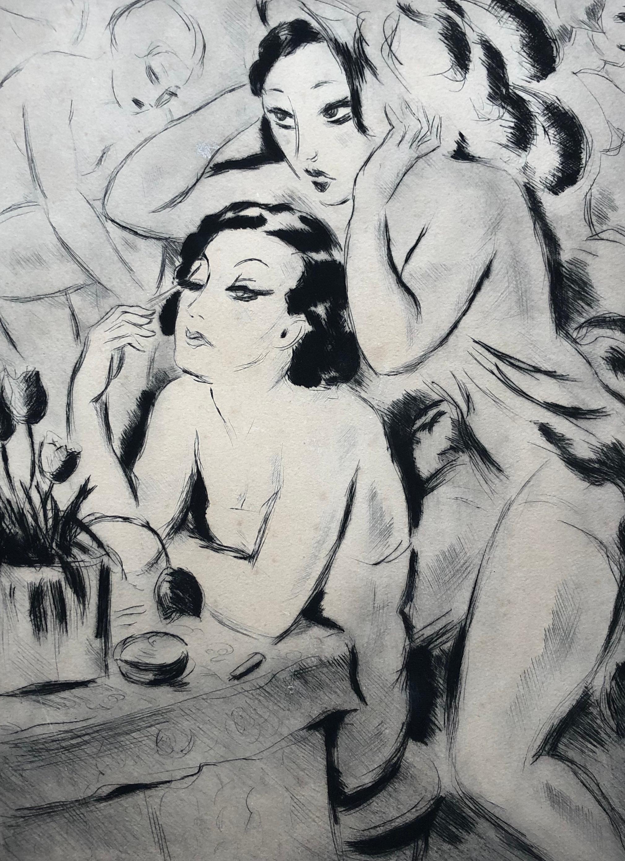 Charles KIFFER (1902-1992)
Behind the scenes of the cabaret.
Drypoint signed and dedicated lower right "A Maurice" (Maurice Chevalier?)
Numbered 2/15
Sunstroke, very slight stains.
54.5 x 42.5 cm
Print sent rolled, in tube