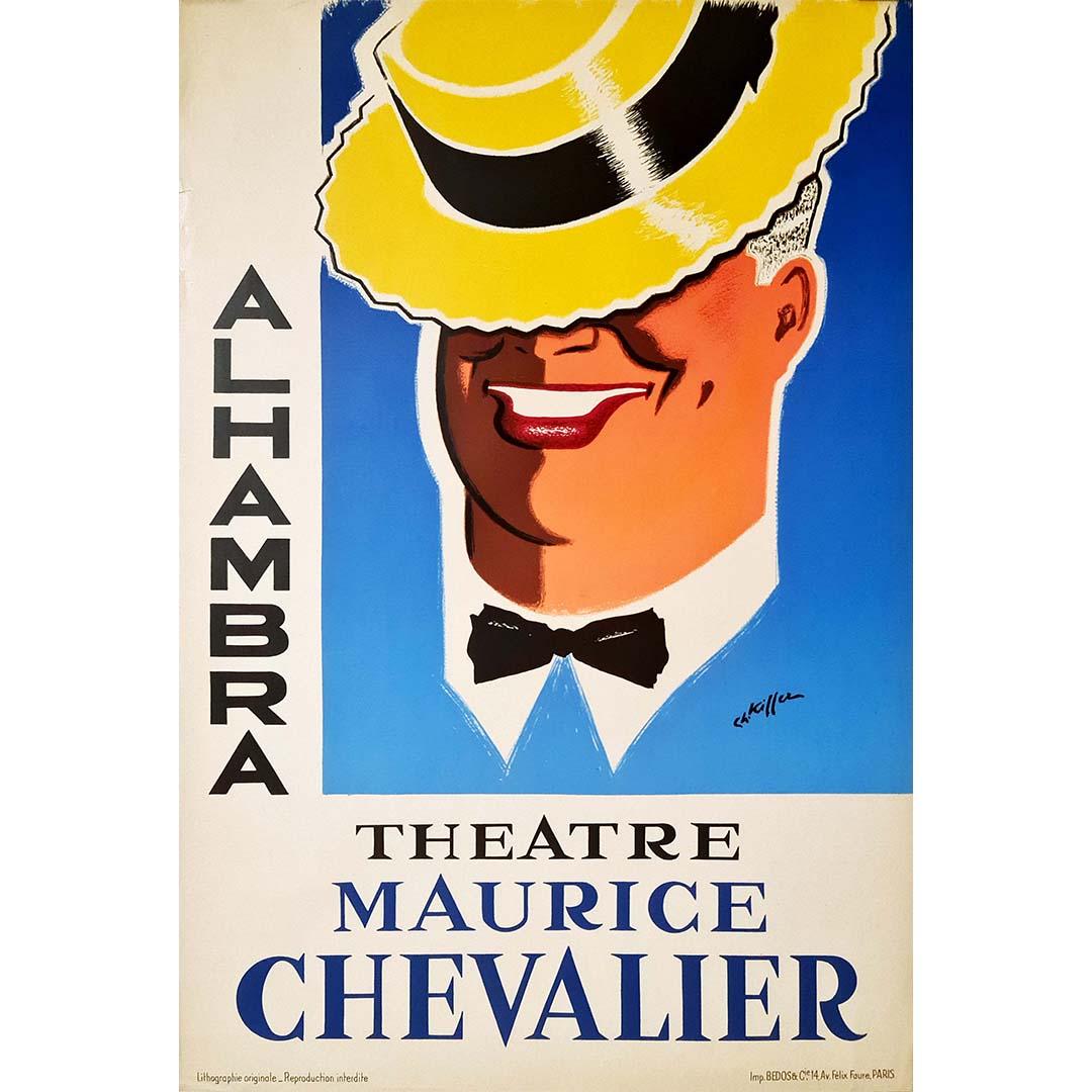 Dieses schöne Originalplakat im modernen Stil der 1930er Jahre wurde für die Eröffnung des neuen Alhambra-Theaters mit Maurice Chevalier entworfen. Der Schauspieler trägt eine schwarze Fliege und einen Strohhut mit schräger Krempe, der den größten